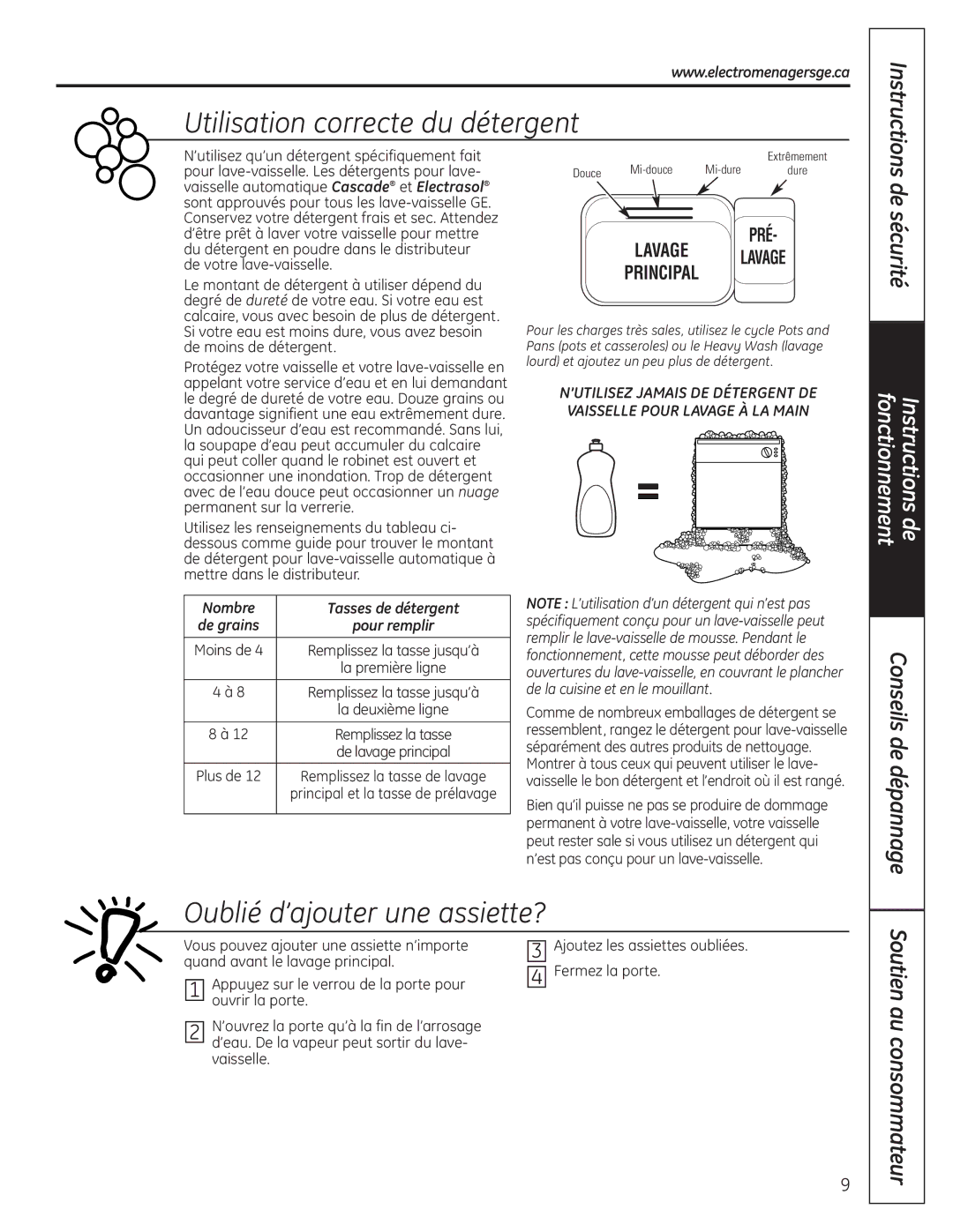 GE GLC4100 owner manual Utilisation correcte du détergent, Oublié d’ajouter une assiette?, De sécurité, Instructions 