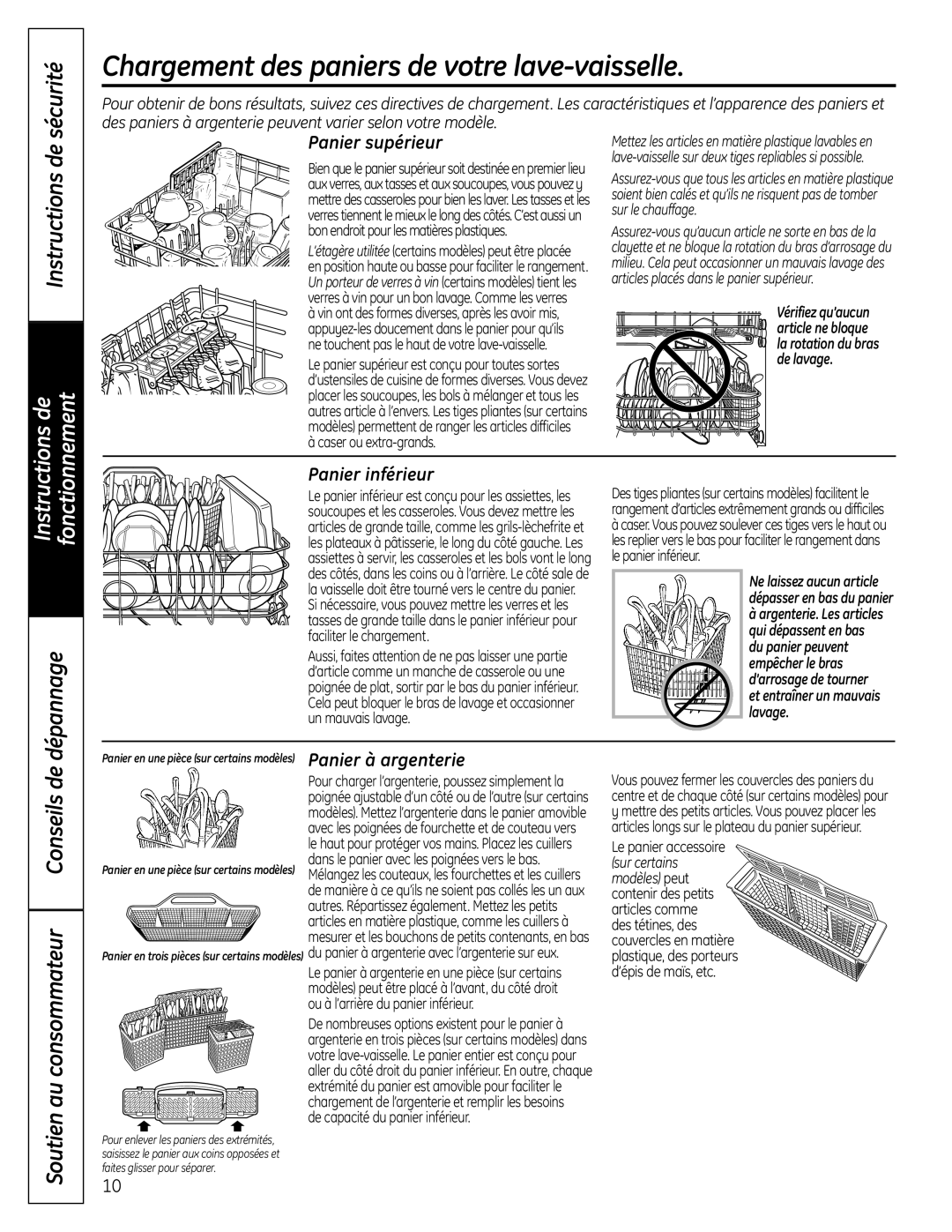 GE GLC4100 owner manual Chargement des paniers de votre lave-vaisselle, Sécurité, Conseils de, Au consommateur, Soutien 