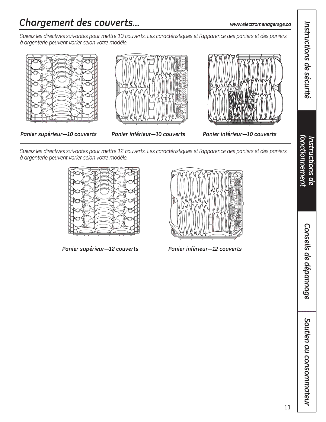 GE GLC4100 owner manual Chargement des couverts…, Panier supérieur-10 couverts Panier inférieur-10 couverts 