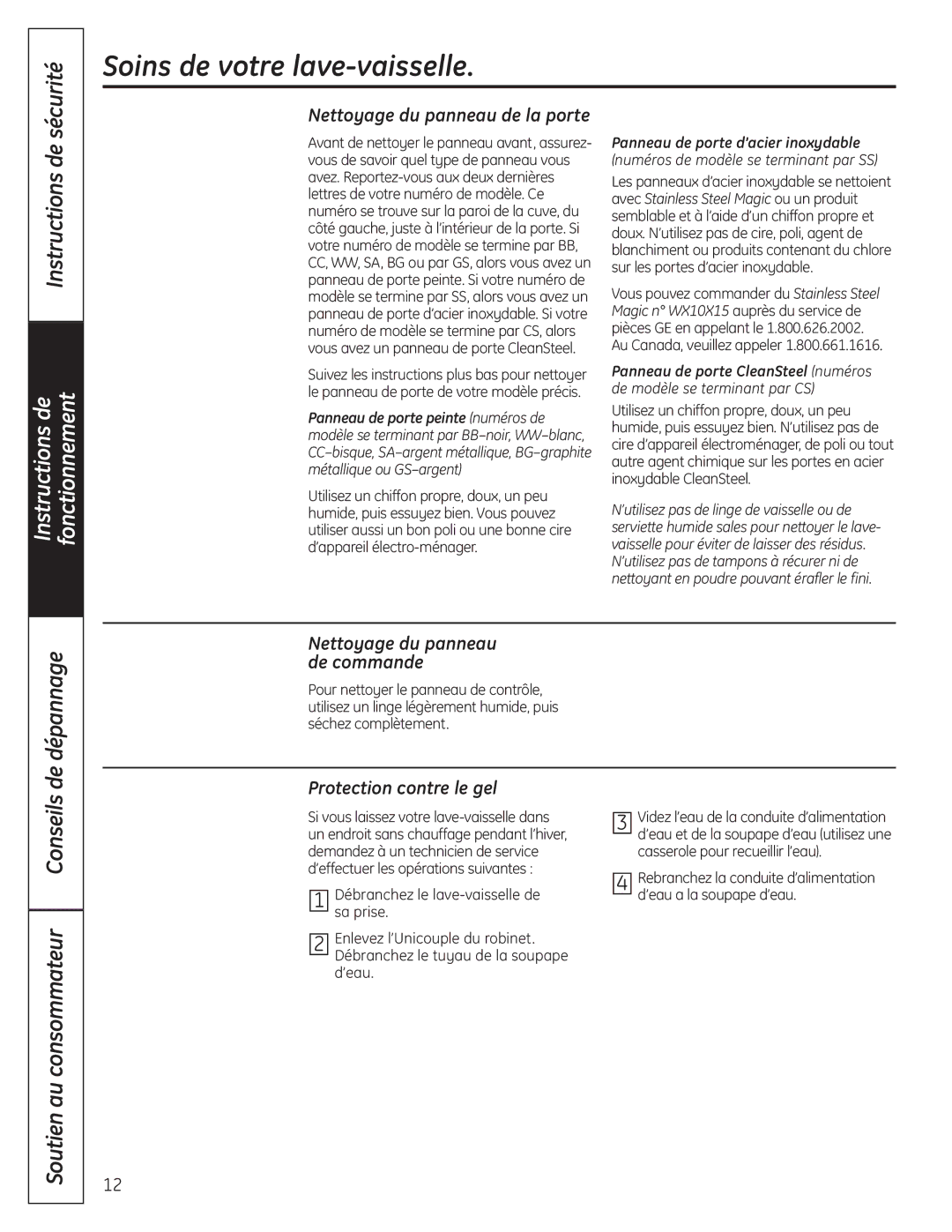GE GLC4100 Soins de votre lave-vaisselle, De dépannage, Soutien au consommateur Conseils, Nettoyage du panneau de la porte 