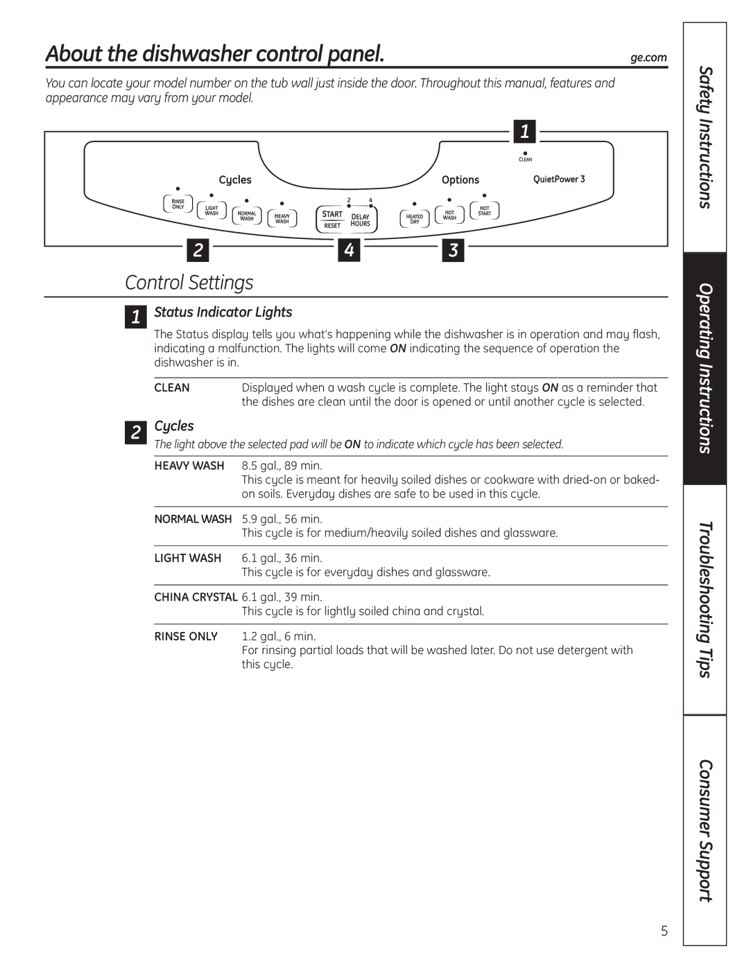 GE GLC4100 owner manual About the dishwasher control panel, Safety Instructions, Status Indicator Lights, Cycles 