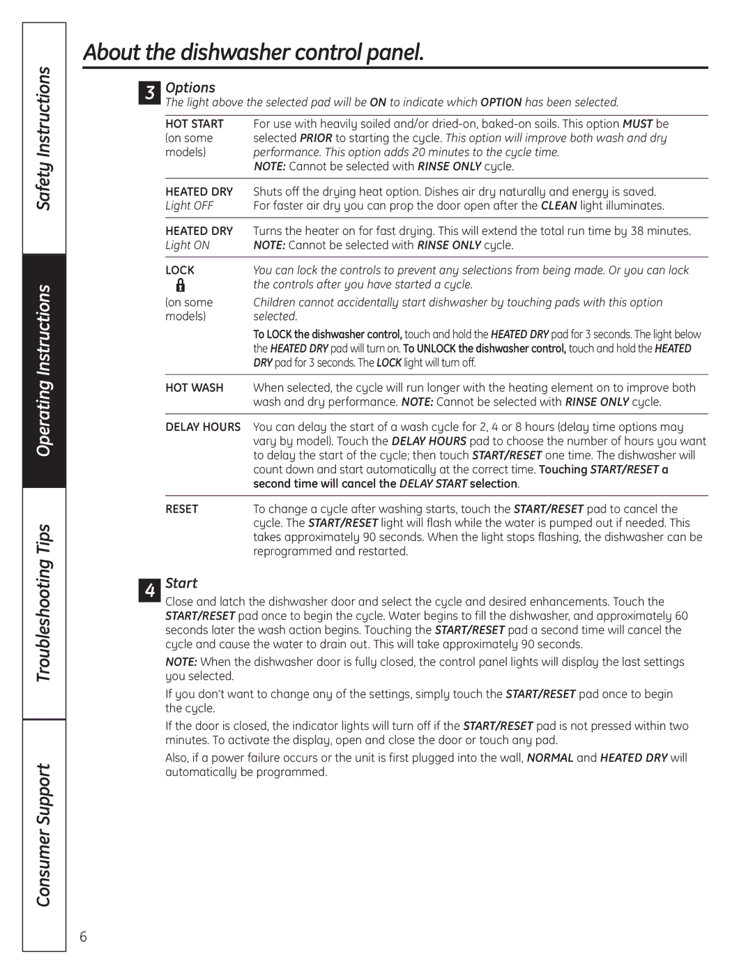 GE GLC4100 owner manual Options, Second time will cancel the Delay Start selection 