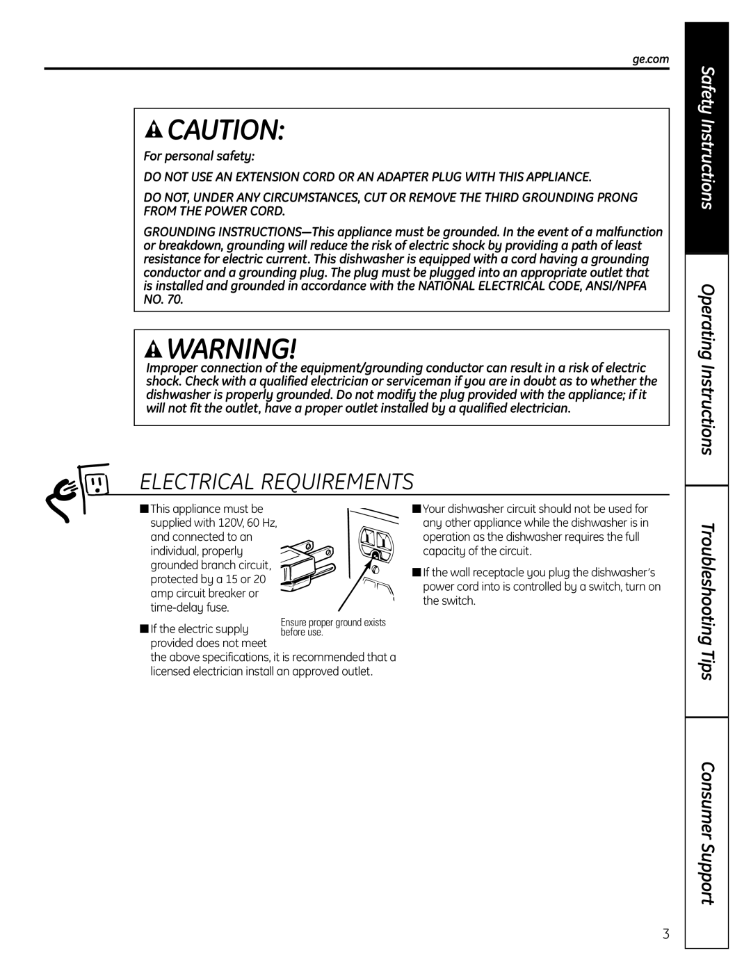 GE GLC4100 Electrical Requirements, Troubleshooting Tips Consumer Support, Safety Instructions, Operating Instructions 