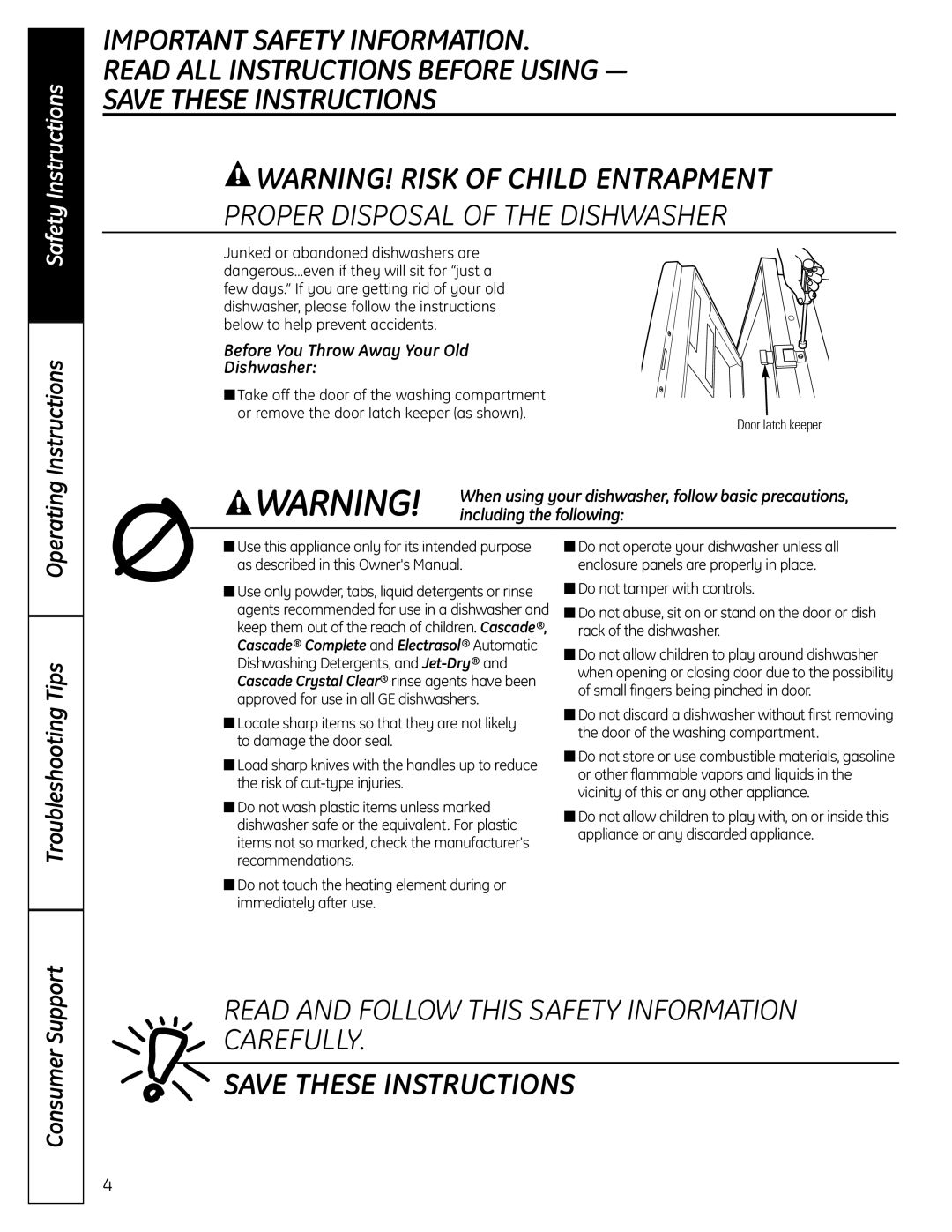 GE GLC4100 owner manual Warning! Risk Of Child Entrapment, Proper Disposal Of The Dishwasher, Important Safety Information 