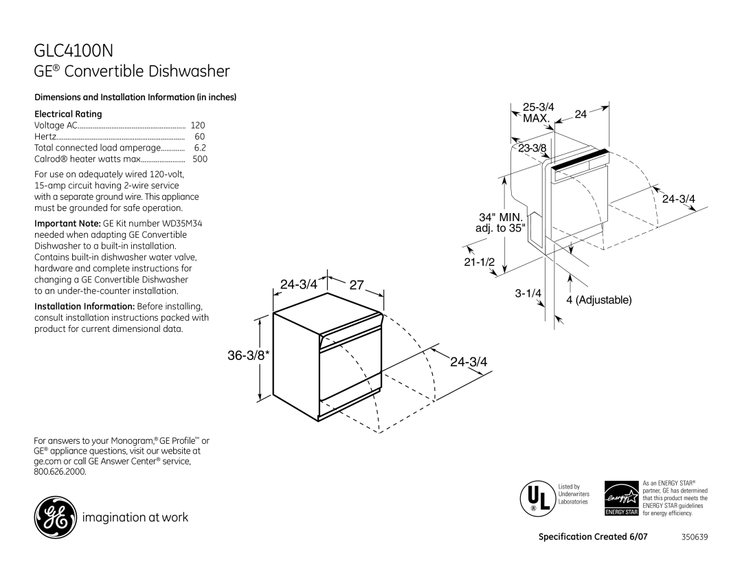 GE GLC4100NBB dimensions GE Convertible Dishwasher, 24-3/4, 36-3/8 