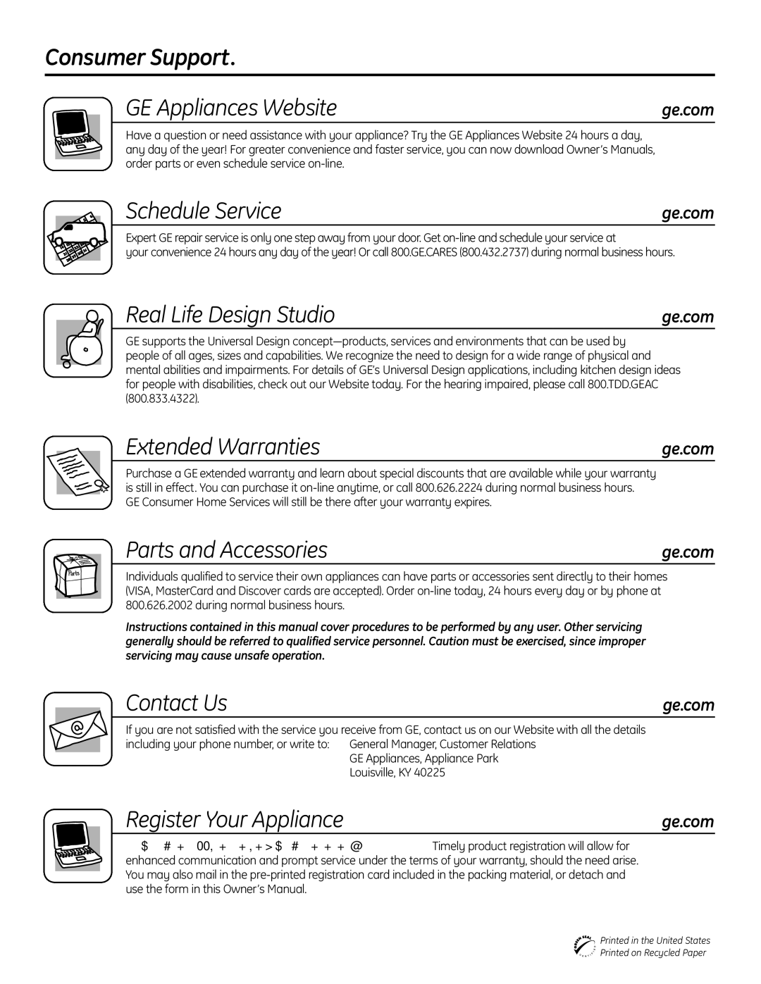 GE GHDA600, GLD4000 Consumer Support GE Appliances Website, Schedule Service, Real Life Design Studio, Extended Warranties 