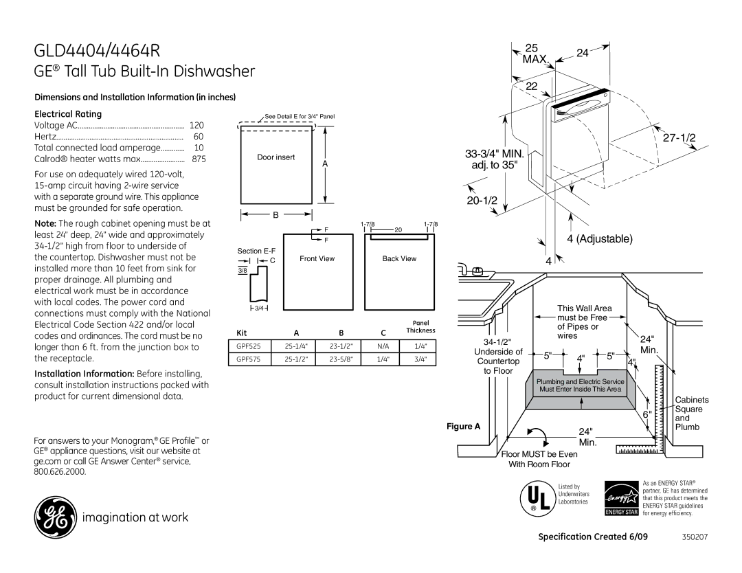 GE GLD4404RWW, GLD4404RBB, GLD4404RCC, GLD4464RSS dimensions GLD4404/4464R, GE Tall Tub Built-In Dishwasher 