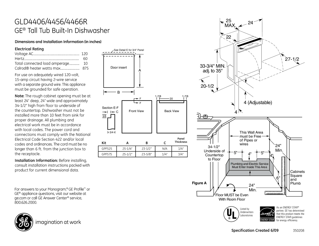 GE GLD4406RCC, GLD4406RBB, GLD4406RWW, GLD4466RSS, GLD4456 dimensions GLD4406/4456/4466R, GE Tall Tub Built-In Dishwasher 