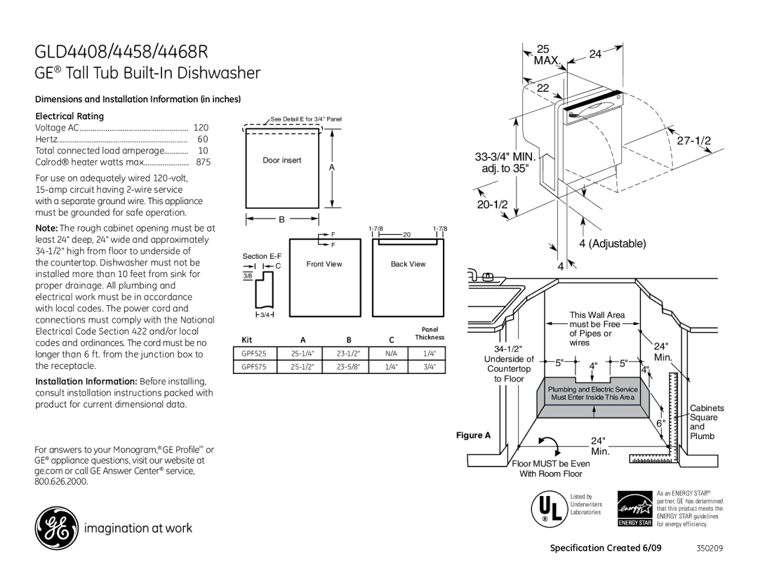 GE GLD4408RBB, GLD4468RSS, GLD4408RWW, GLD4458RCS dimensions GLD4408/4458/4468R, GE Tall Tub Built-In Dishwasher 