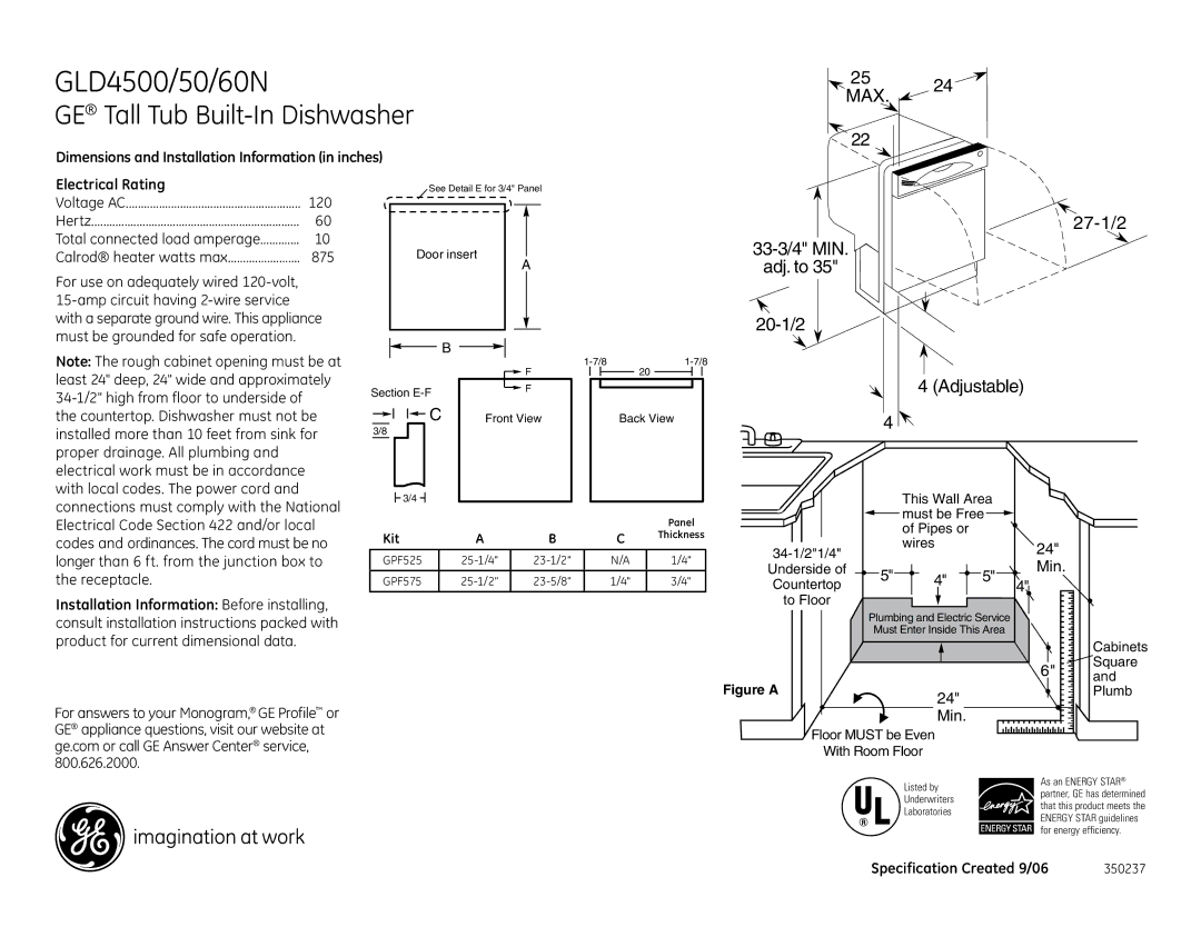 GE GLD4500NCC dimensions GLD4500/50/60N, GE Tall Tub Built-In Dishwasher, MAX 27-1/2 33-3/4 MIN Adj. to 20-1/2 Adjustable 