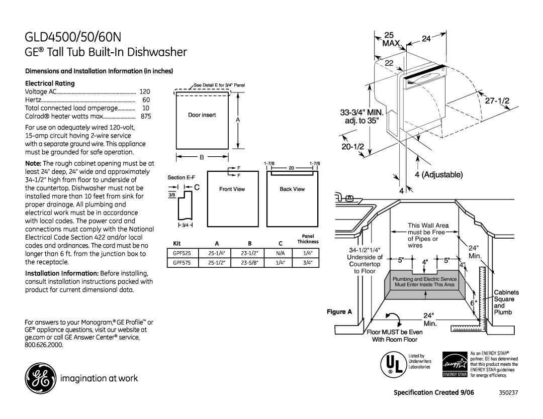 GE GLD4500NCC dimensions GLD4500/50/60N, GE Tall Tub Built-In Dishwasher, Electrical Rating, Specification Created 9/06 