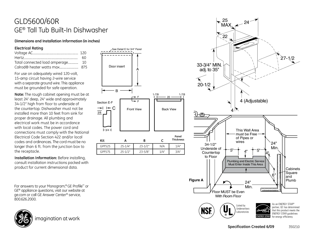 GE GLD5600RWW, GLD5600RCC, GLD5600RBB, GLD5660RSS dimensions GLD5600/60R, GE Tall Tub Built-In Dishwasher 