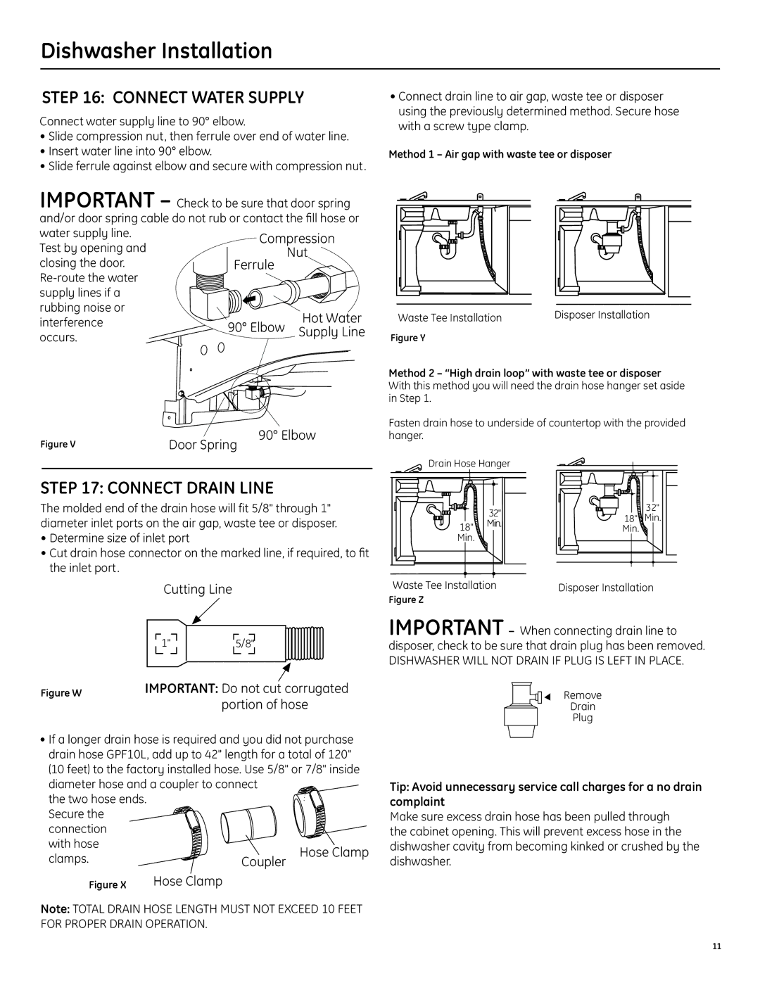 GE GLD6500LWW/CC/BB installation instructions Connect Water Supply, Connect Drain Line, Door Spring, Elbow 