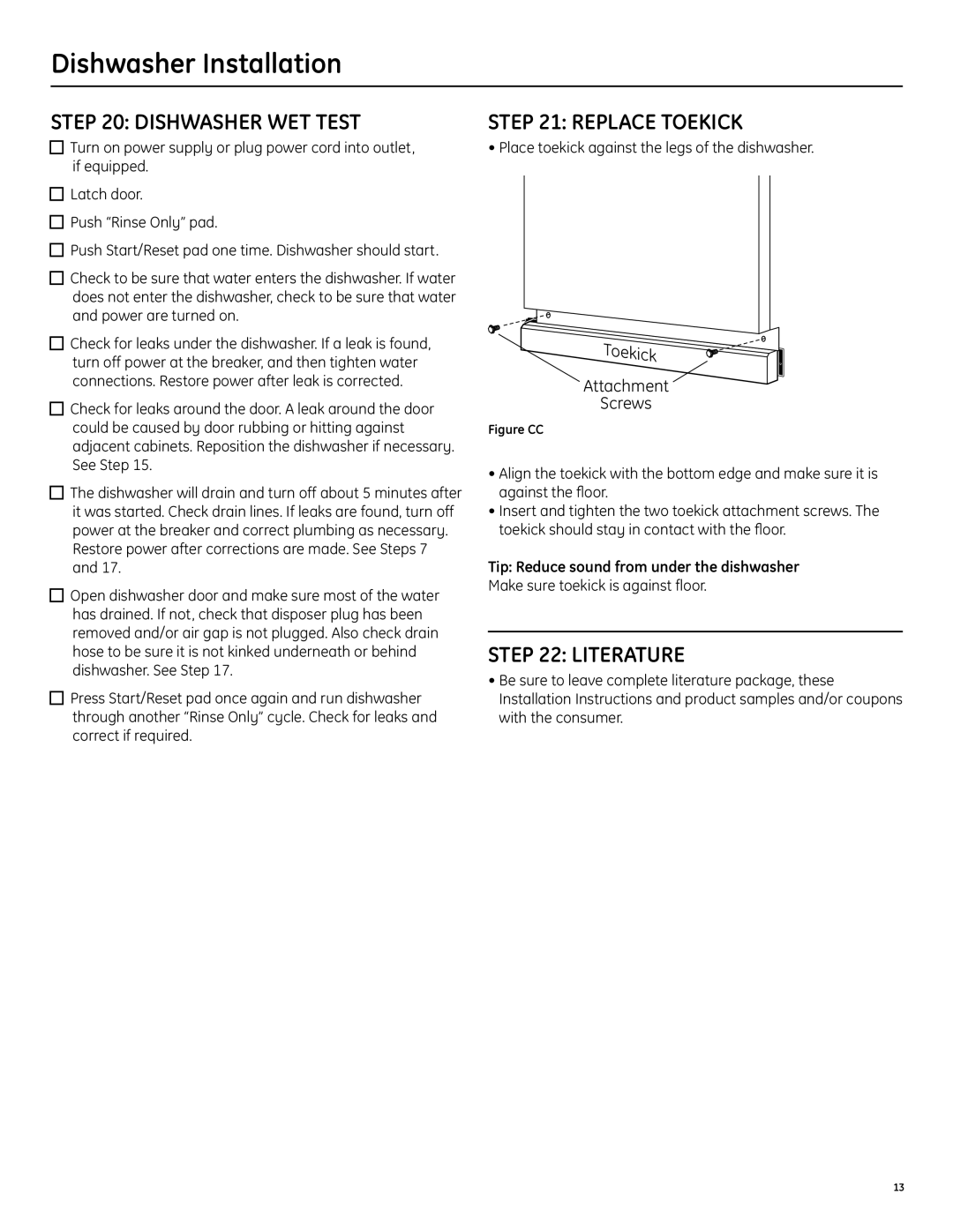 GE GLD6500LWW/CC/BB Dishwasher WET Test, Replace Toekick, Literature, Tip Reduce sound from under the dishwasher 