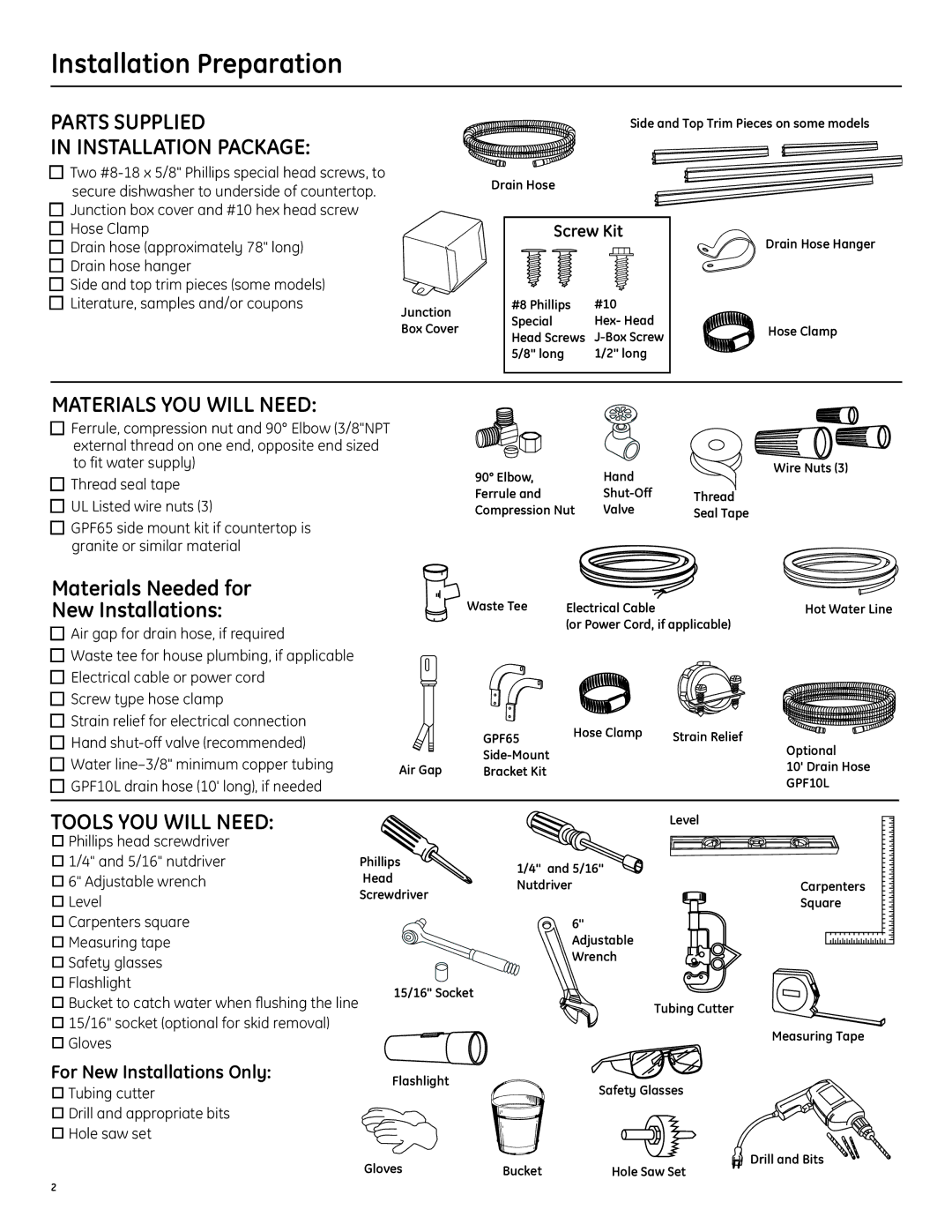 GE GLD6500LWW/CC/BB Parts Supplied Installation Package, Materials YOU will Need, Tools YOU will Need, Screw Kit 