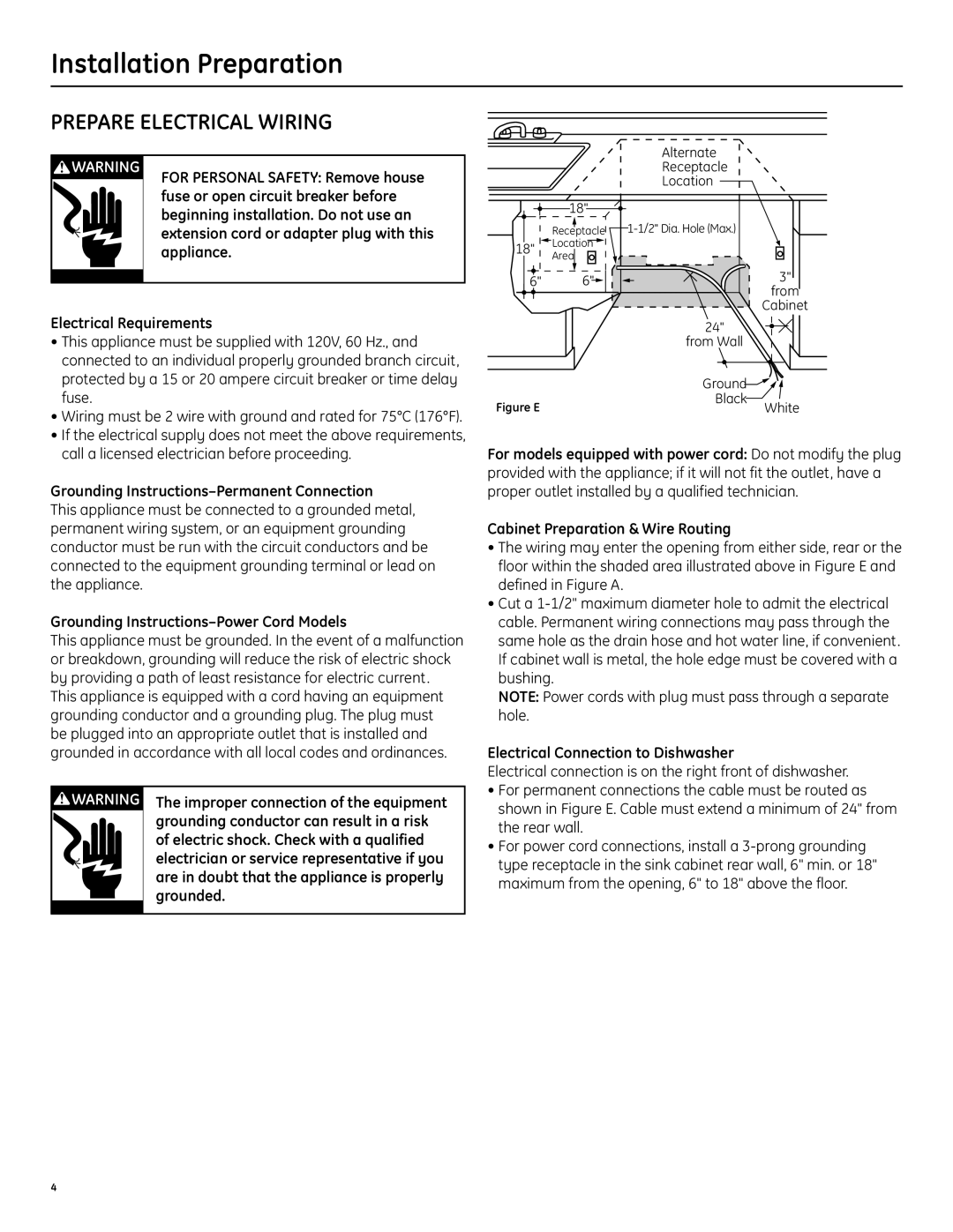 GE GLD6500LWW/CC/BB installation instructions Prepare Electrical Wiring, Grounding Instructions- Permanent Connection 