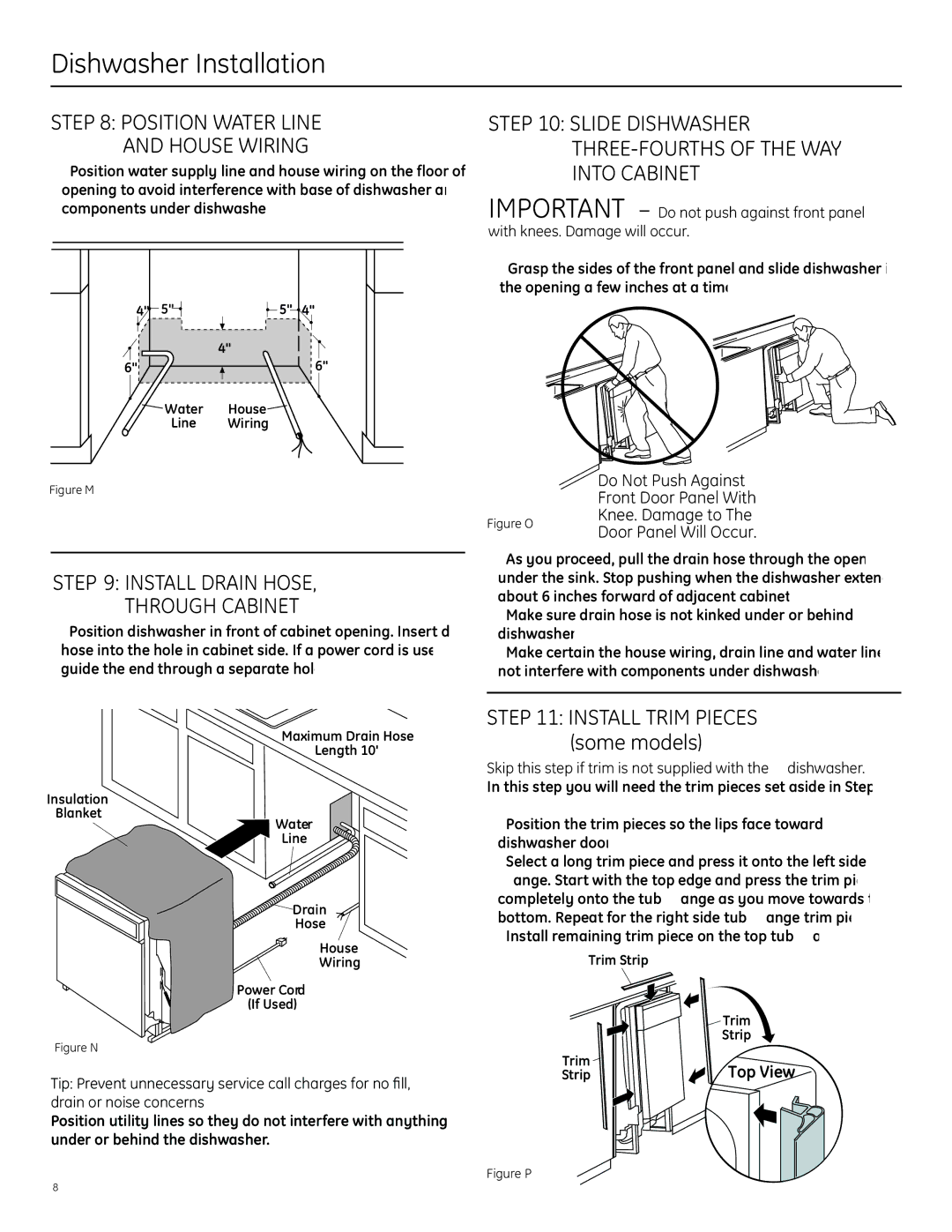 GE GLD6500LWW/CC/BB Position Water Line House Wiring, Install Drain Hose Through Cabinet, Install Trim Pieces some models 