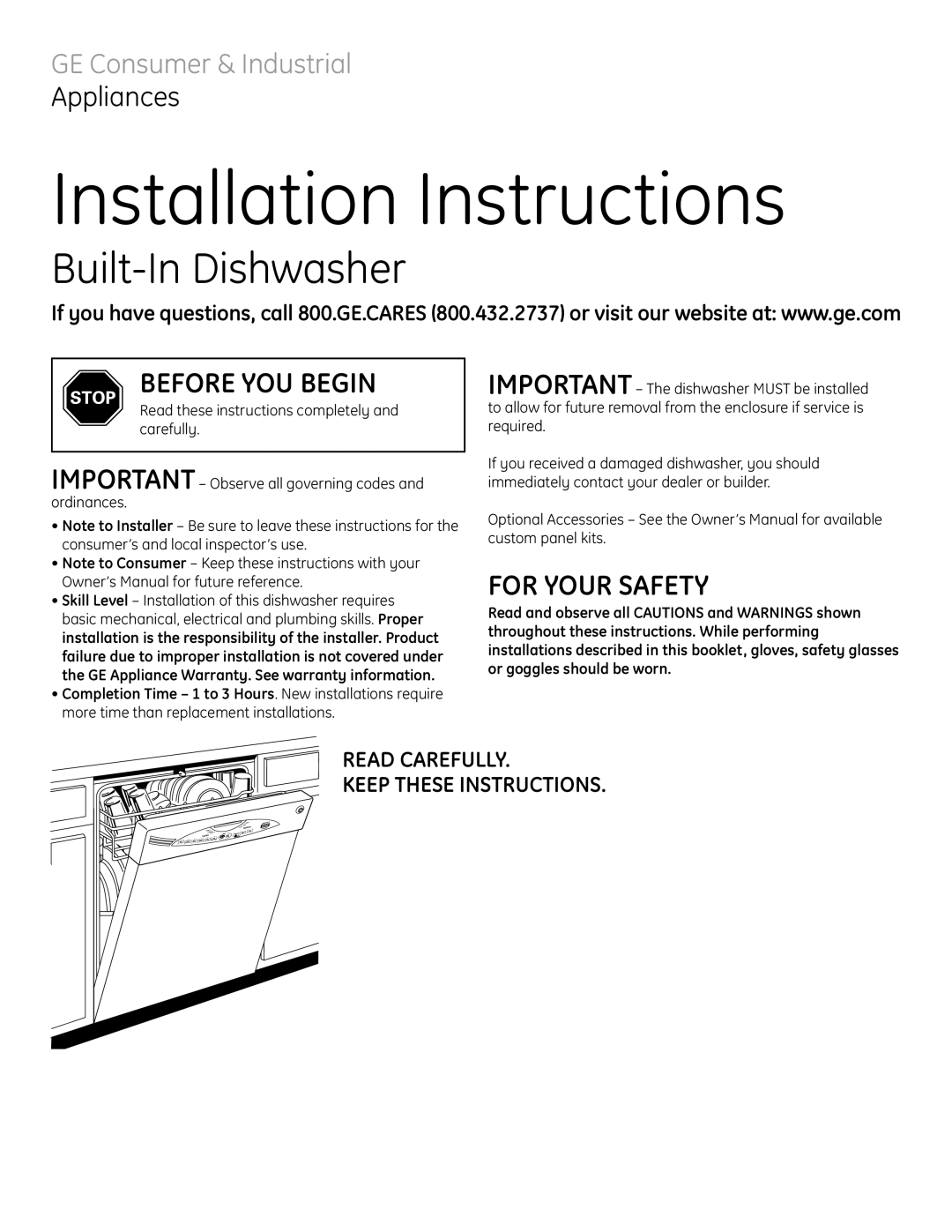 GE GLD6500LWW/CC/BB installation instructions Before You Begin, For Your Safety, Read Carefully Keep These Instructions 