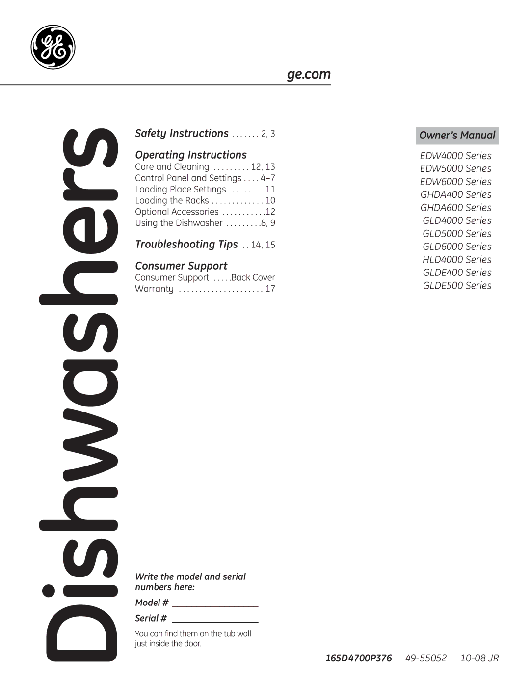 GE GLD6860NSS owner manual Dishwashers, Write the model and serial numbers here Model # Serial # 