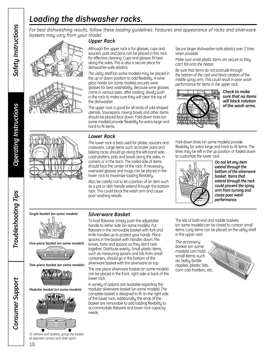 GE GLD6860NSS owner manual Loading the dishwasher racks, Upper Rack, Lower Rack, Silverware Basket 