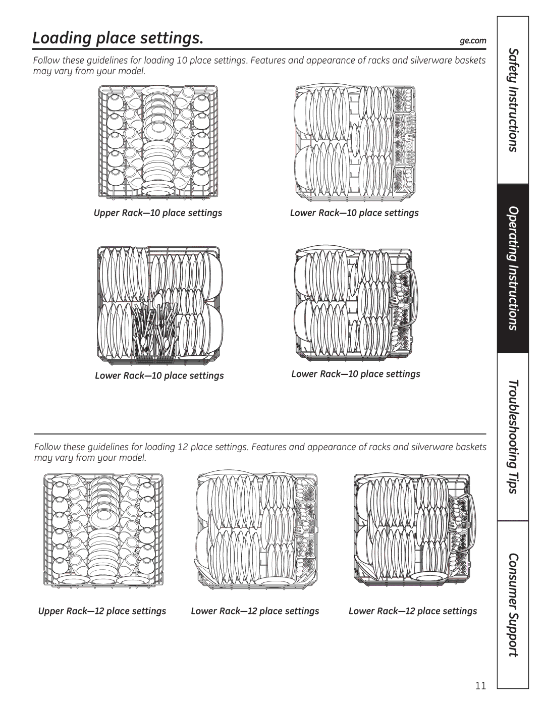 GE GLD6860NSS owner manual Loading place settings, Upper Rack-10 place settings, Lower Rack-10 place settings 