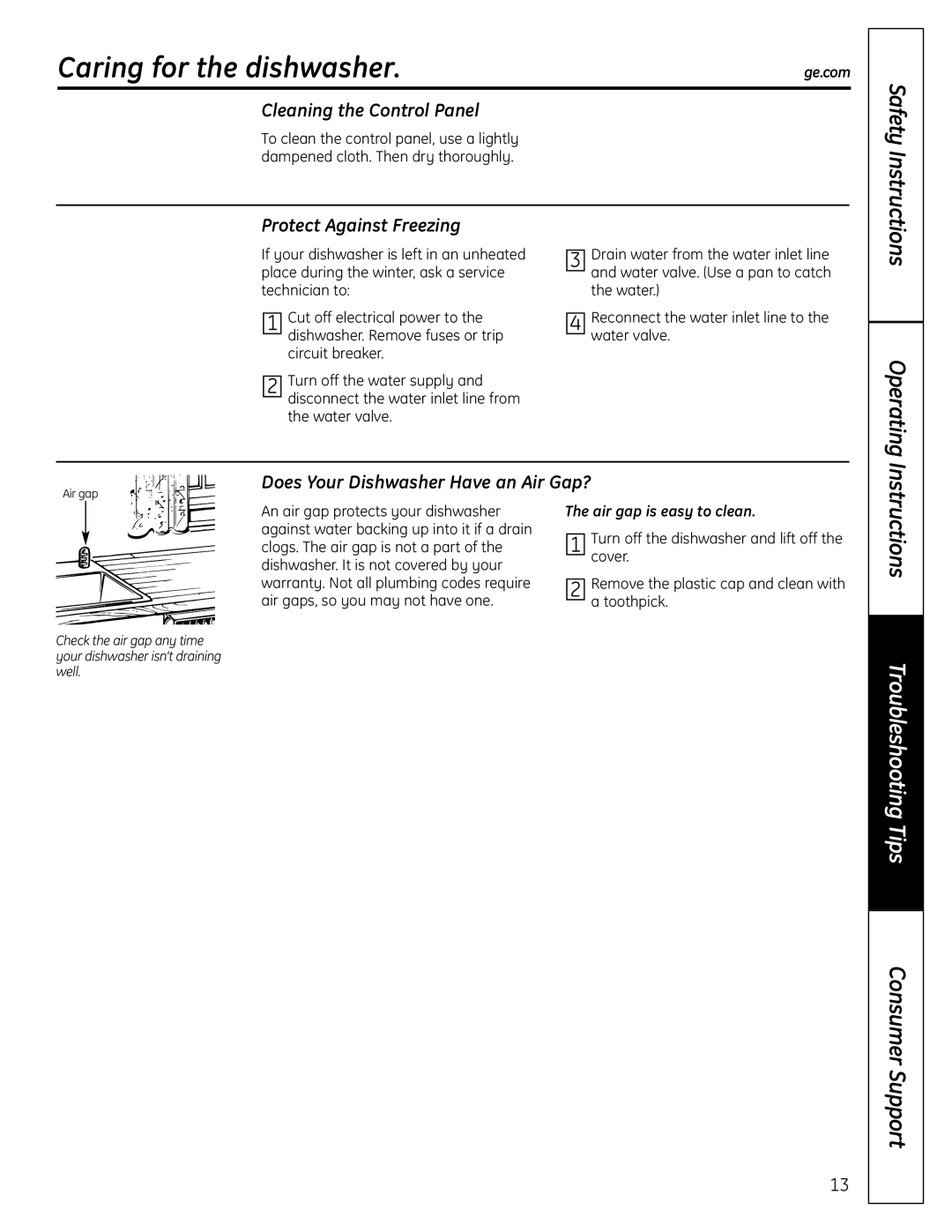 GE GLD6860NSS owner manual Cleaning the Control Panel, Protect Against Freezing, Does Your Dishwasher Have an Air Gap? 