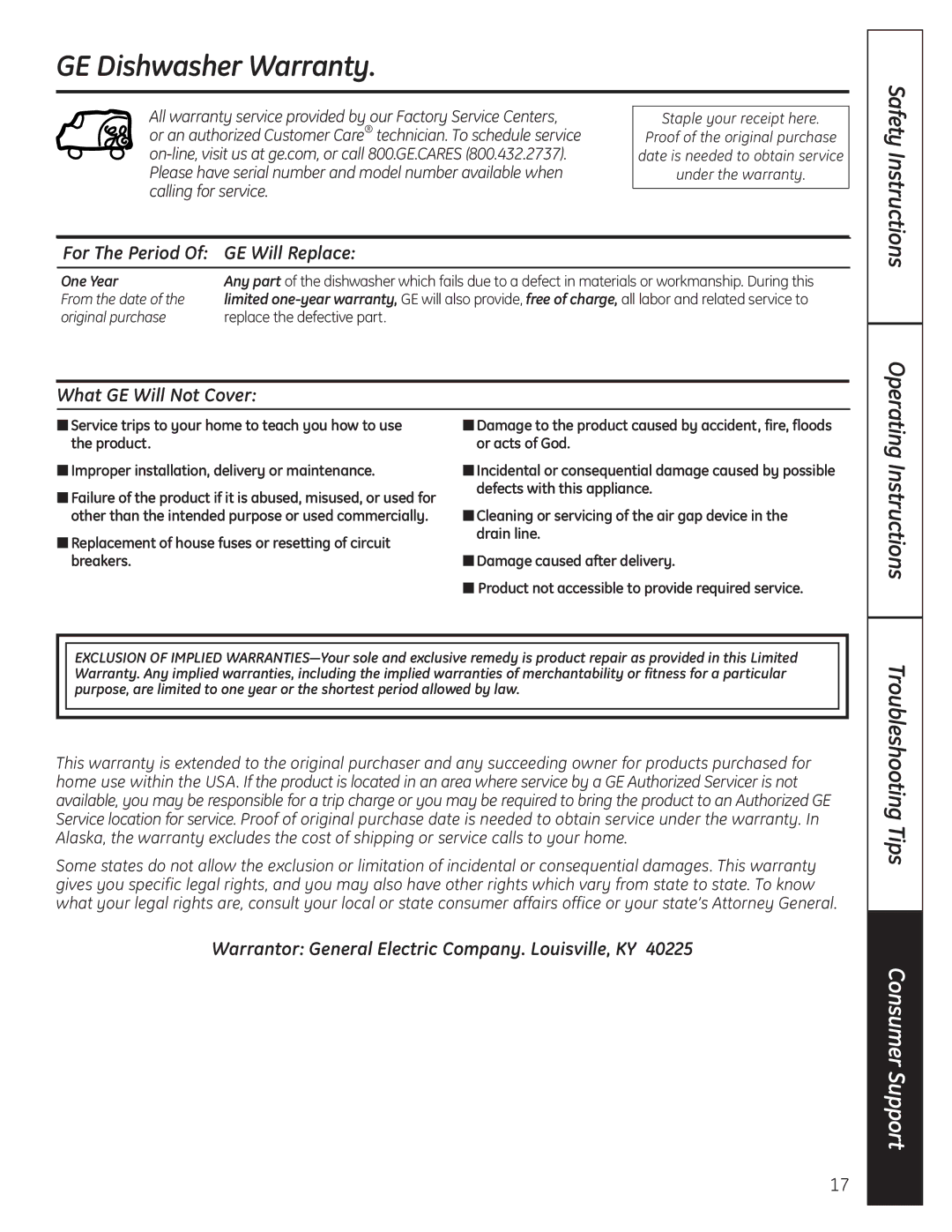 GE GLD6860NSS owner manual GE Dishwasher Warranty, For The Period GE Will Replace, What GE Will Not Cover, One Year 