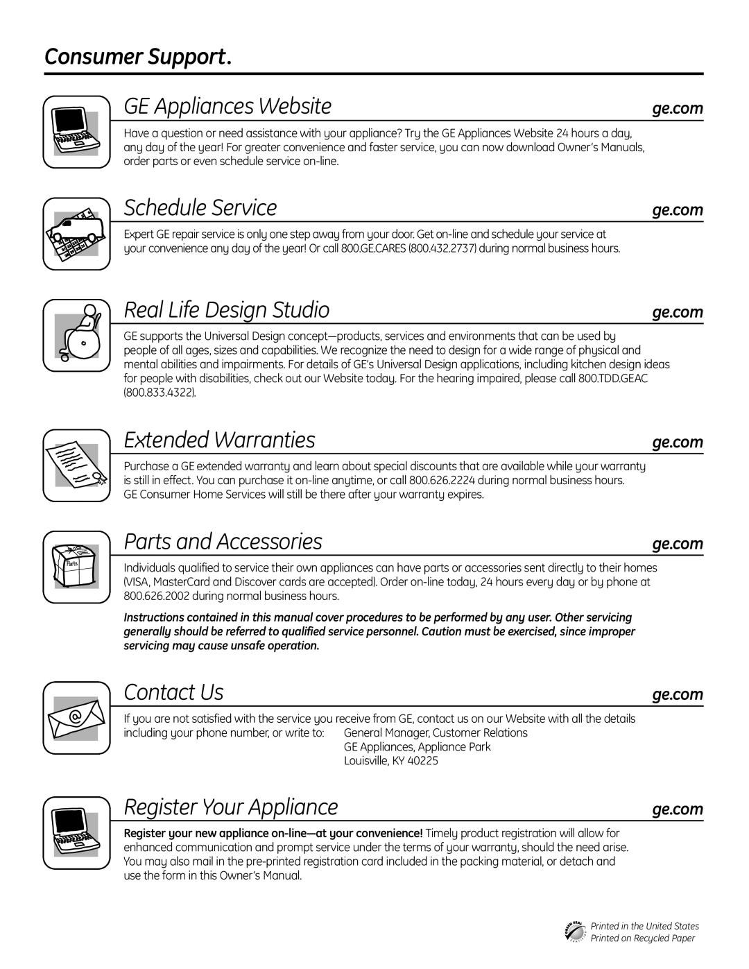 GE GLD6860NSS Consumer Support GE Appliances Website, Schedule Service, Real Life Design Studio, Extended Warranties 