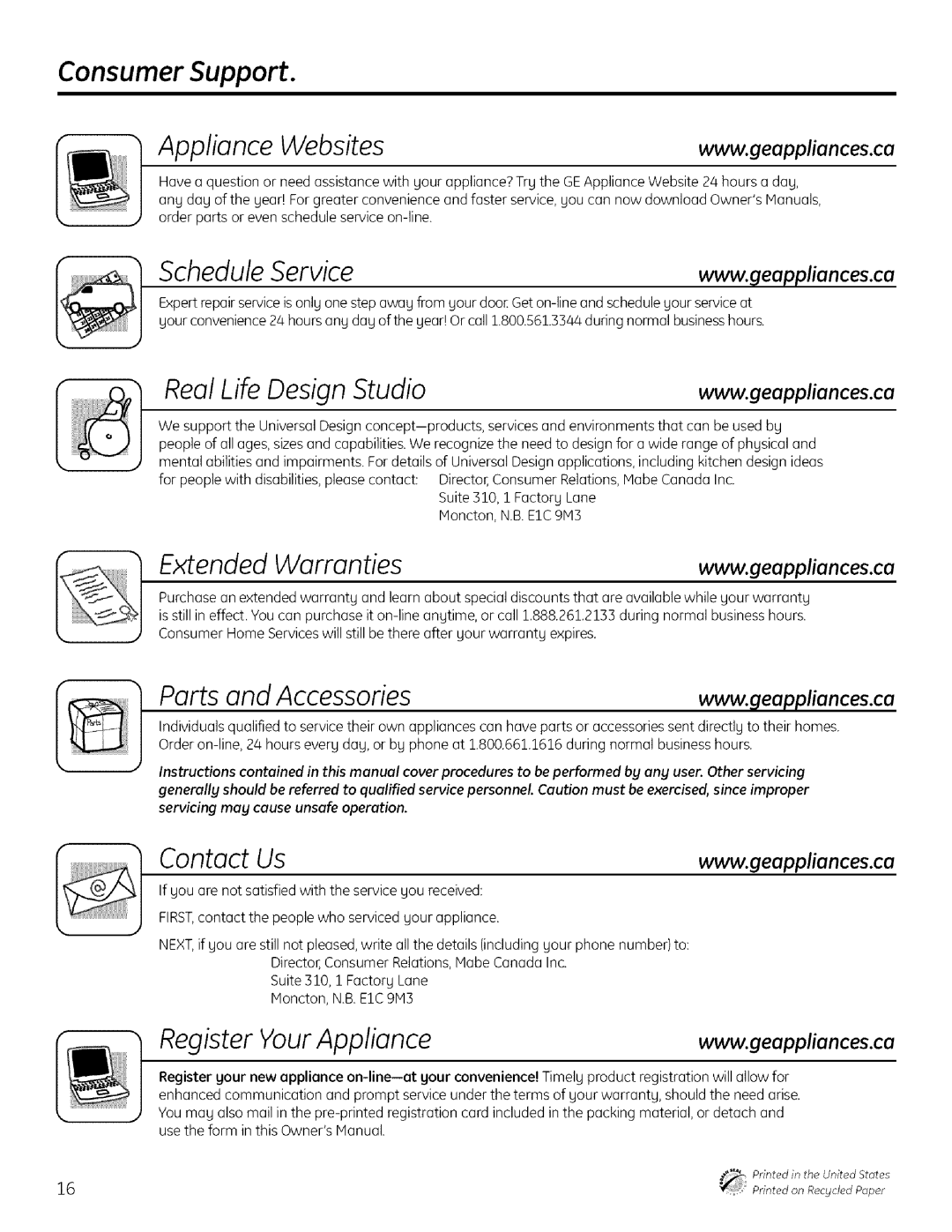 GE GLD6900 manual Consumer Support, Ports and Accessories 