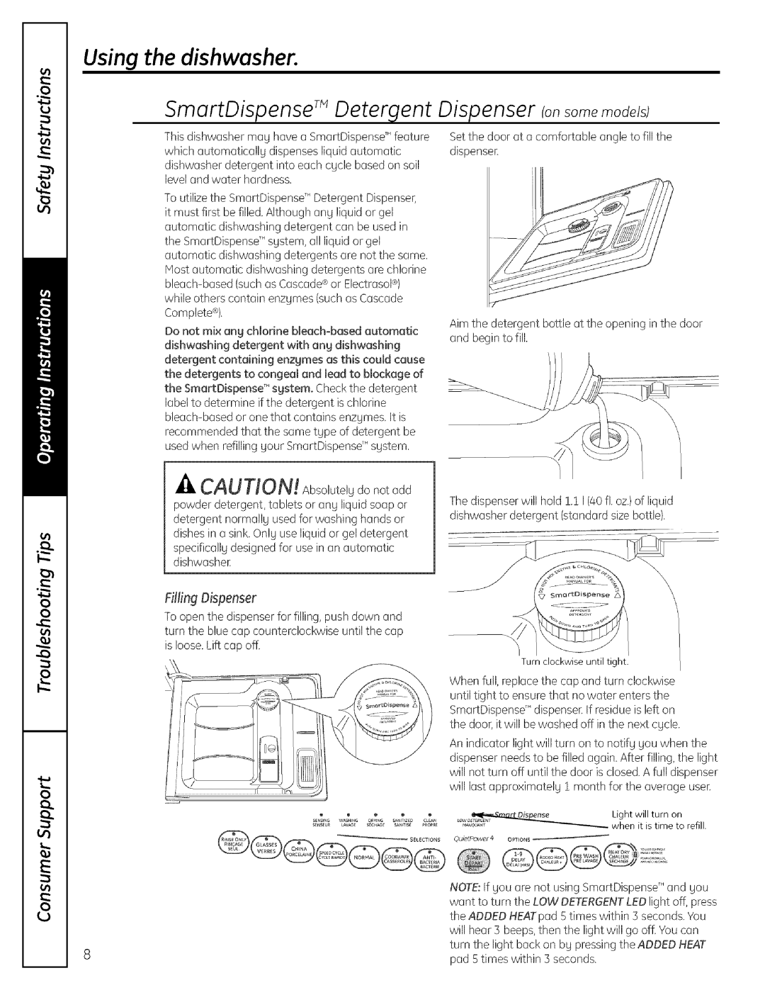 GE GLD6900 manual Using the dishwasher, Filling Dispenser 