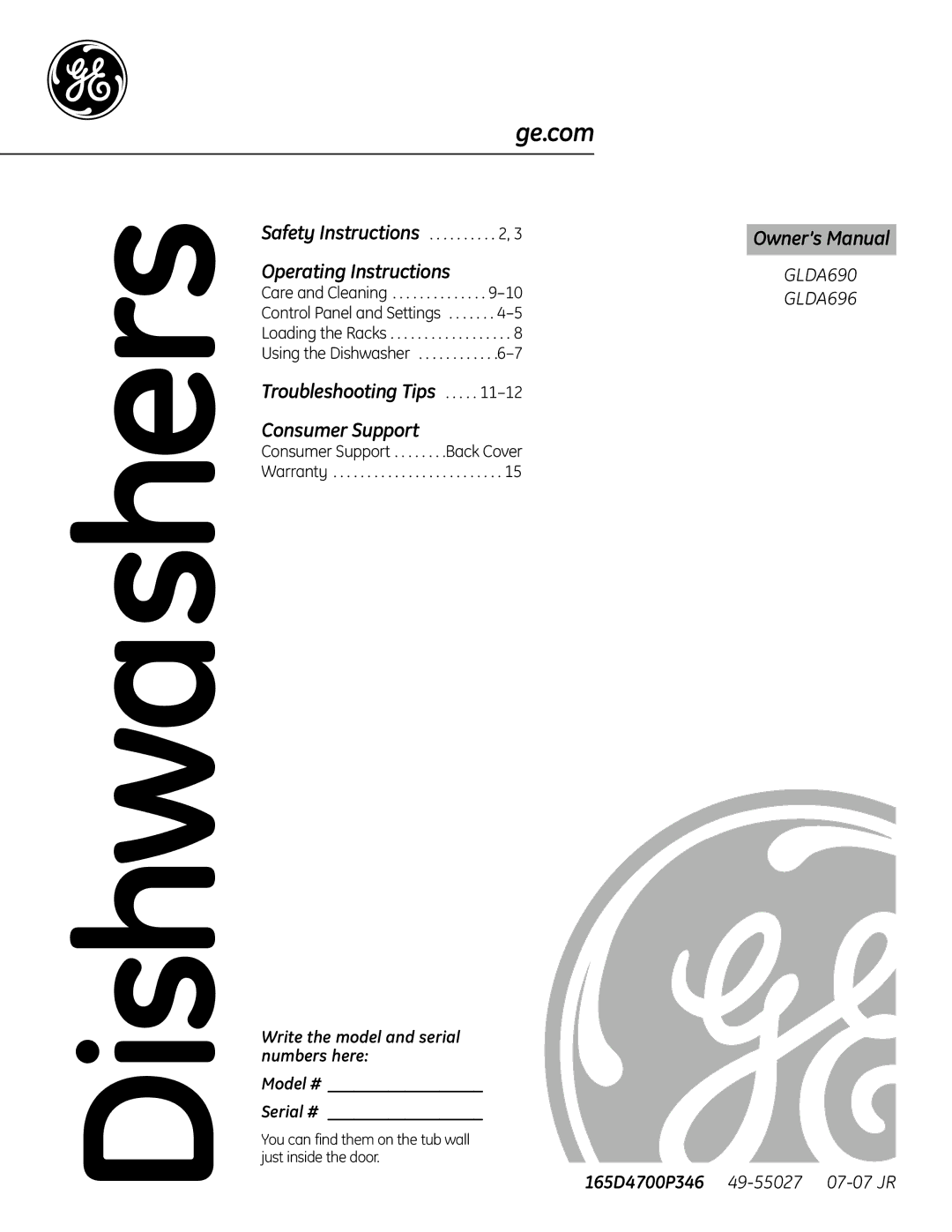 GE GLDA696, GLDA690 owner manual Dishwashers 