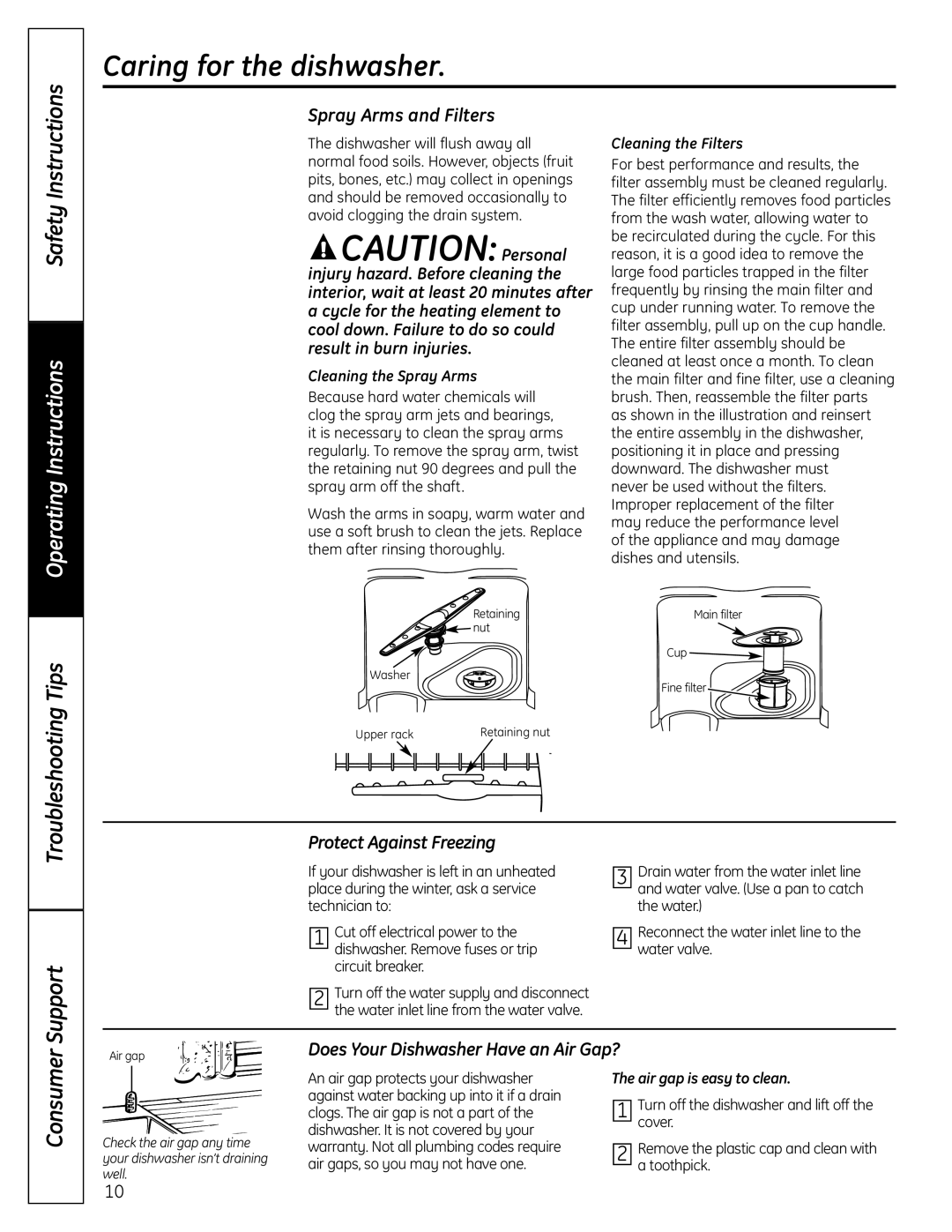 GE GLDA690, GLDA696 owner manual Spray Arms and Filters, Protect Against Freezing, Does Your Dishwasher Have an Air Gap? 