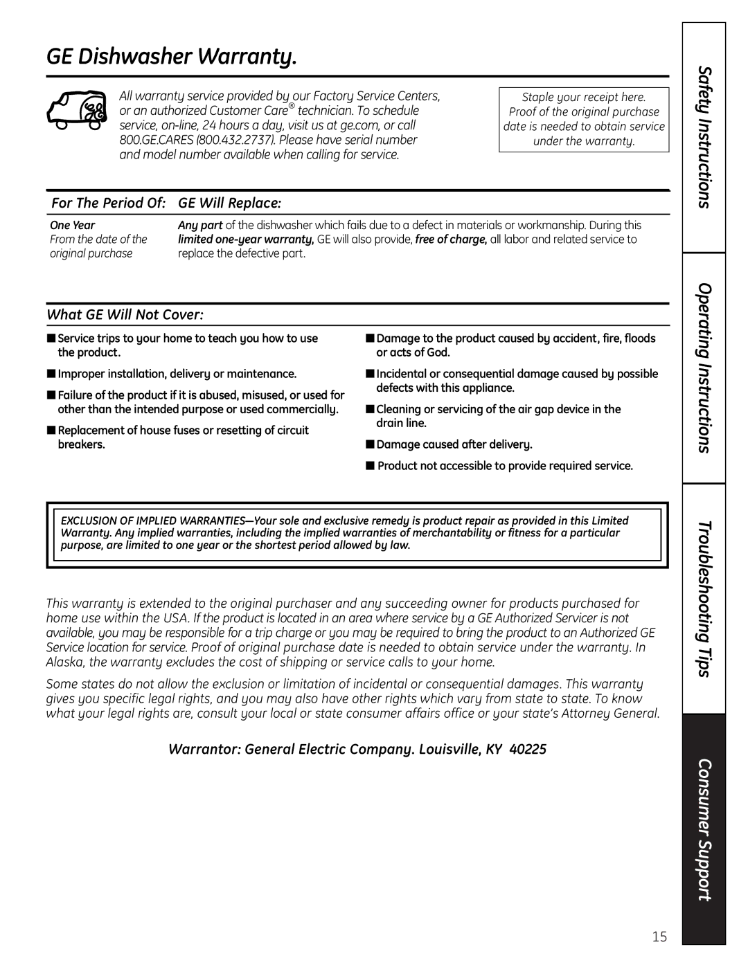 GE GLDA696, GLDA690 owner manual GE Dishwasher Warranty, For The Period Of GE Will Replace, What GE Will Not Cover, One Year 