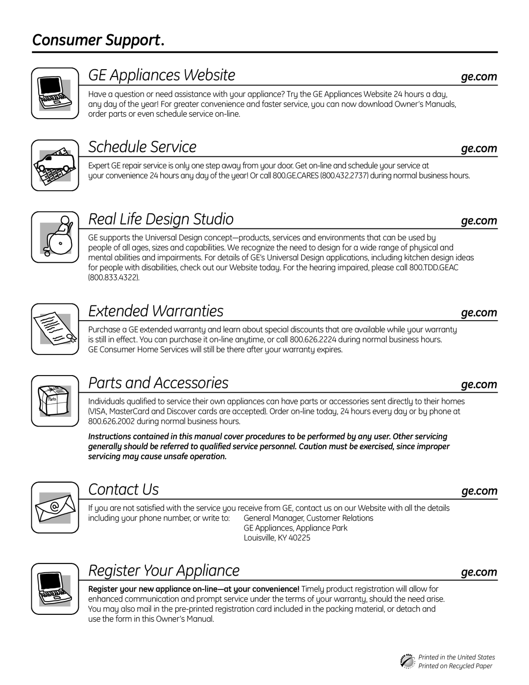 GE GLDA690, GLDA696 Consumer Support GE Appliances Website, Schedule Service, Real Life Design Studio, Extended Warranties 