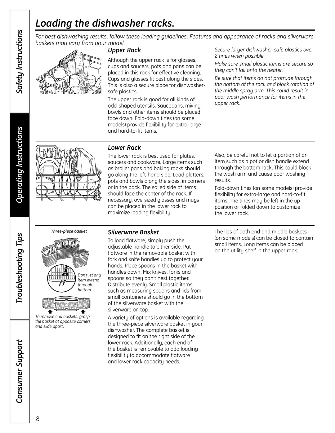 GE GLDA690, GLDA696 owner manual Loading the dishwasher racks, Upper Rack, Lower Rack, Silverware Basket 