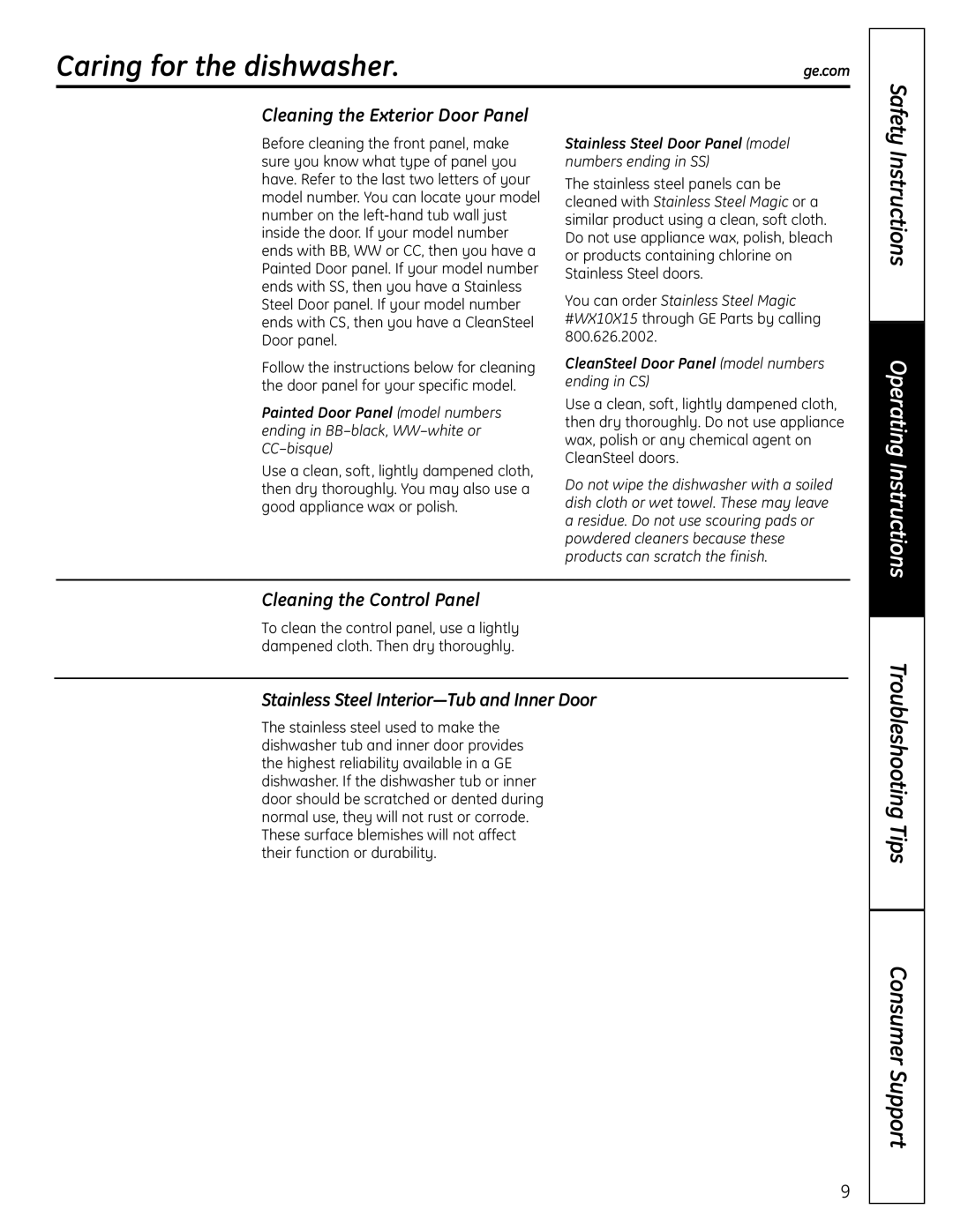 GE GLDA696, GLDA690 owner manual Caring for the dishwasher, Cleaning the Exterior Door Panel, Cleaning the Control Panel 