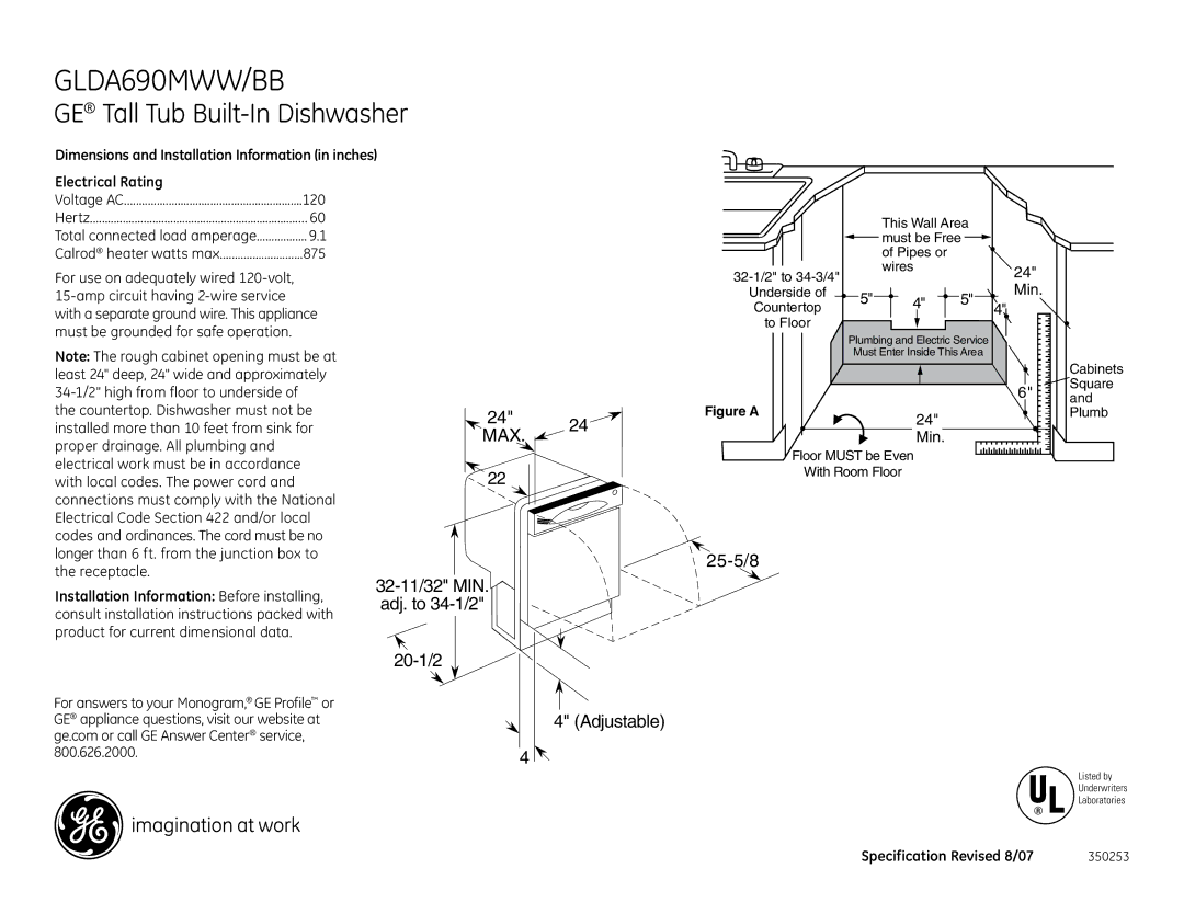 GE GLDA690MBB dimensions GLDA690MWW/BB, GE Tall Tub Built-In Dishwasher, Max, 24 Min 