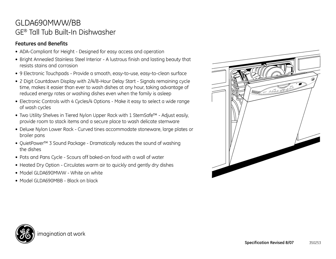GE GLDA690MWW, GLDA690MBB dimensions Features and Benefits 