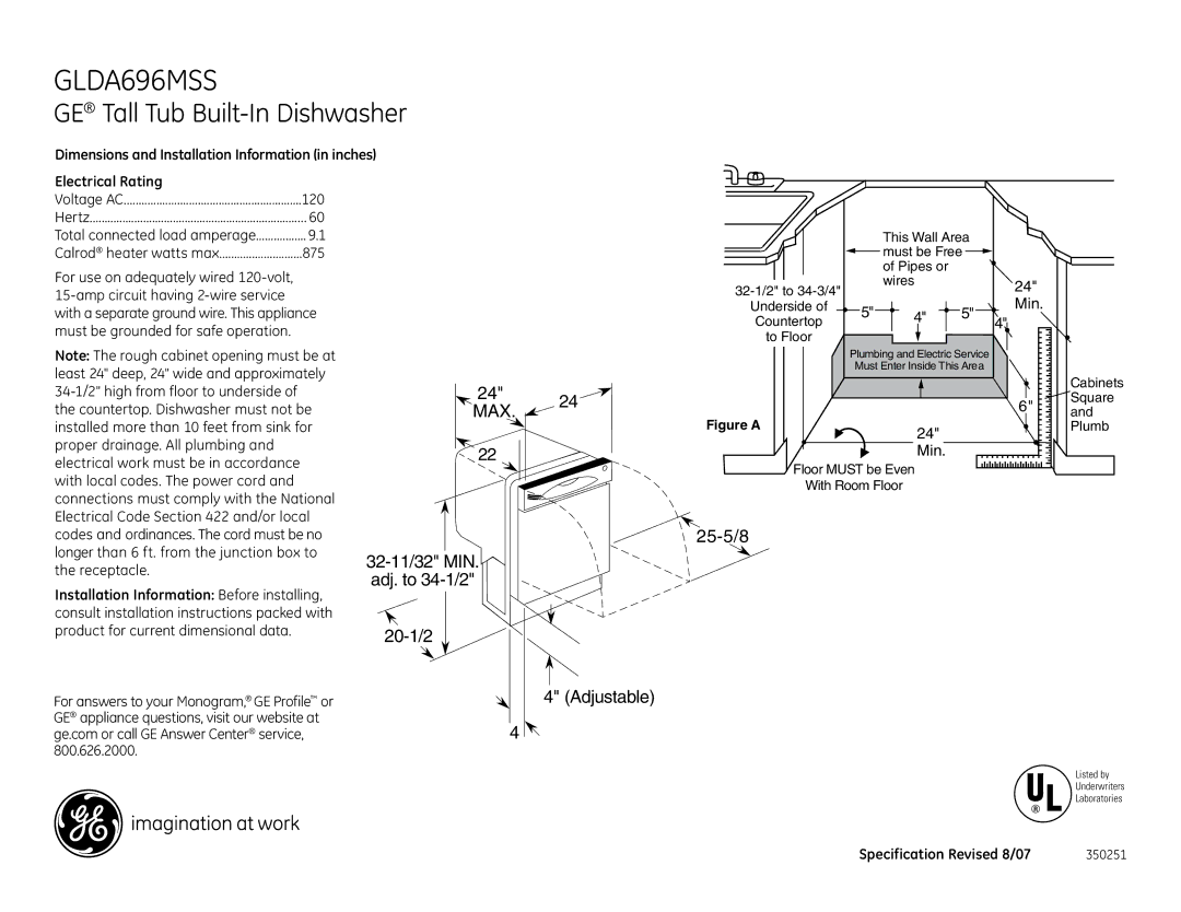 GE GLDA696MSS dimensions GE Tall Tub Built-In Dishwasher, Max 