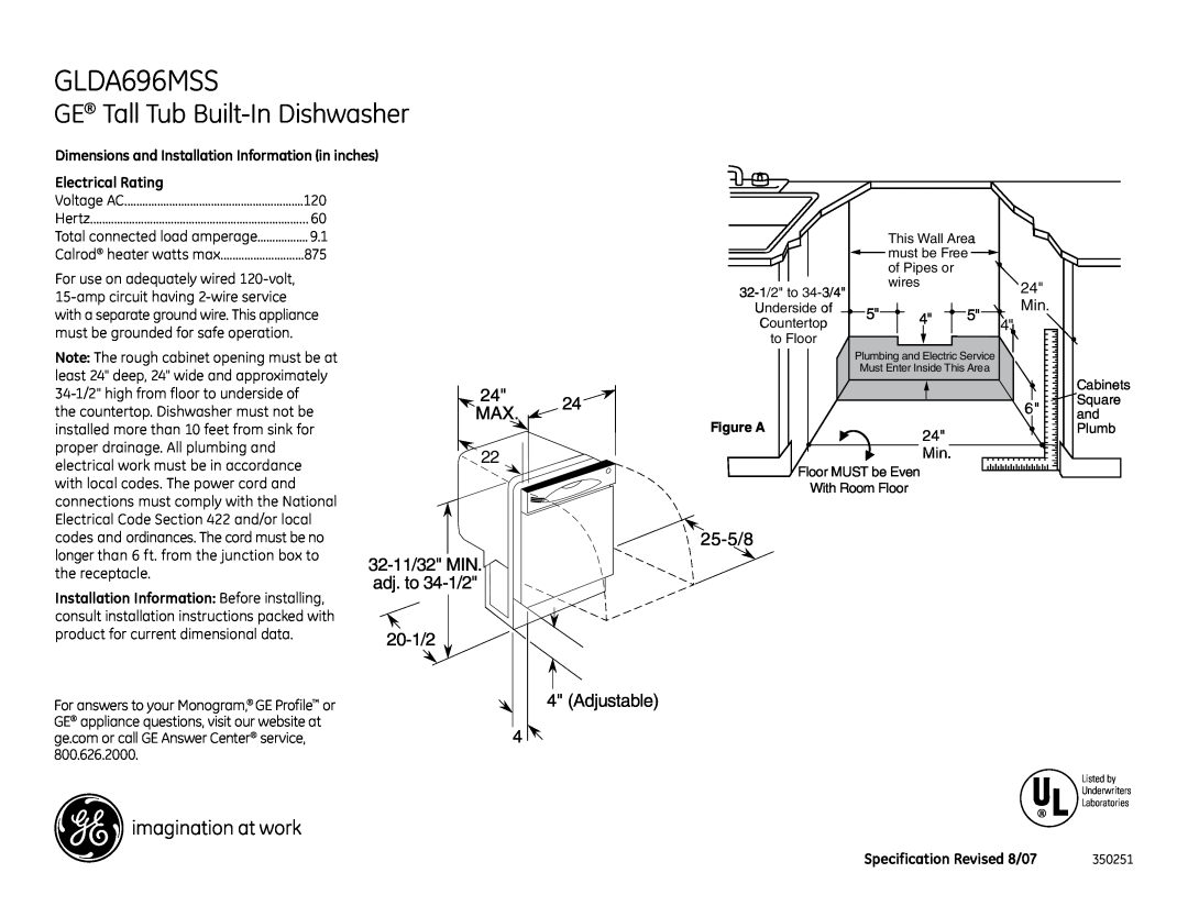 GE GLDA696MSS dimensions GE Tall Tub Built-In Dishwasher, 24 Min, Dimensions and Installation Information in inches 