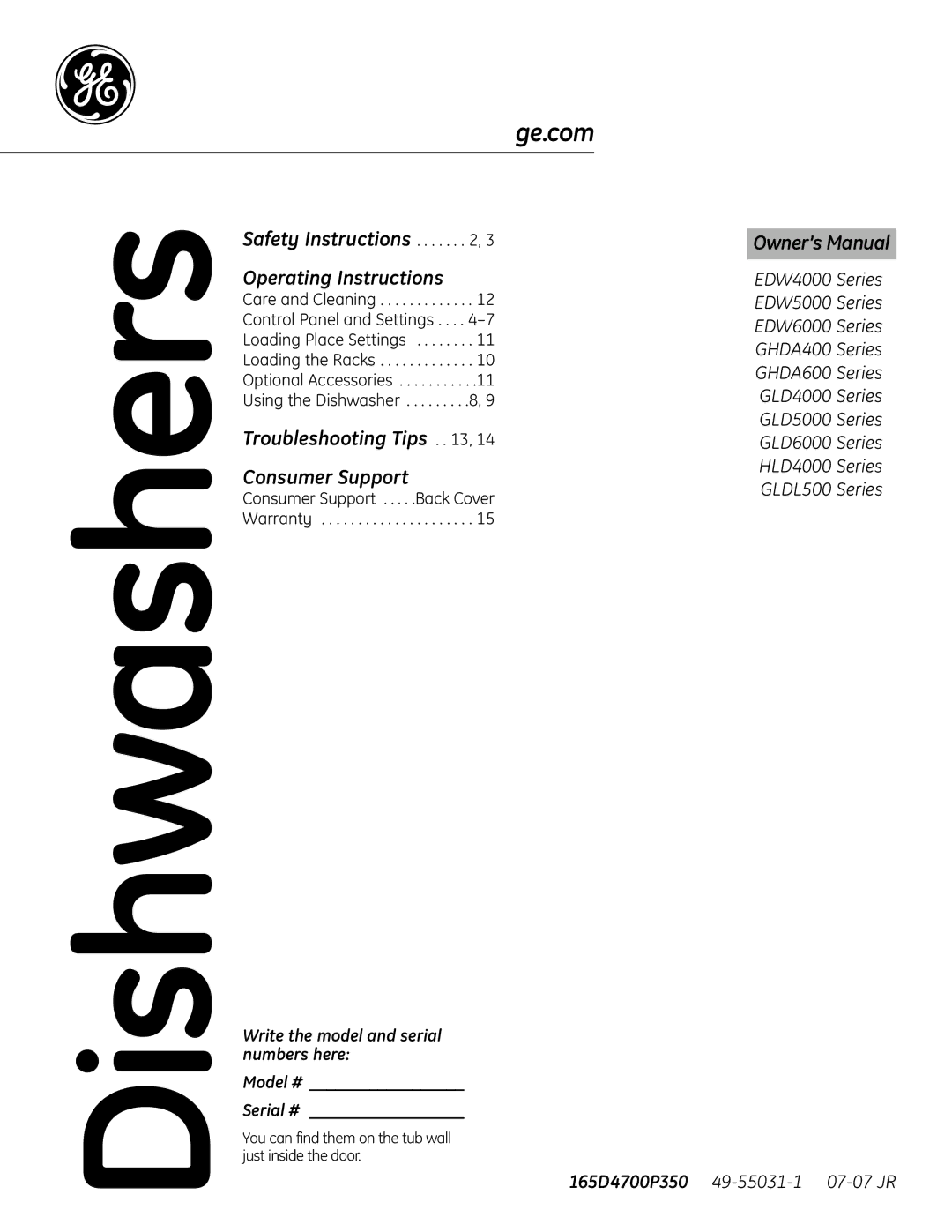 GE GLDL500 owner manual Dishwashers 