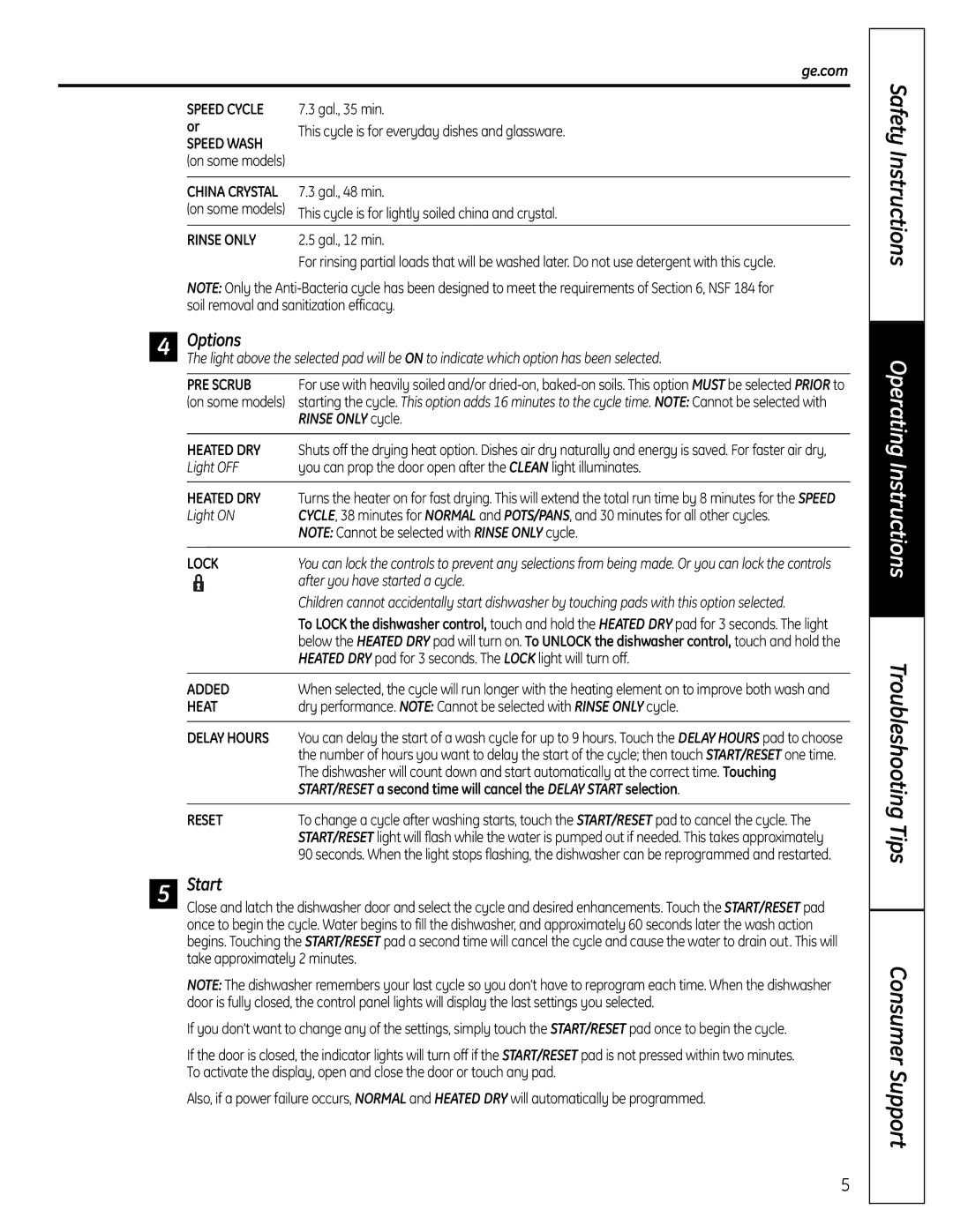 GE GLDL500 owner manual Options, Start 