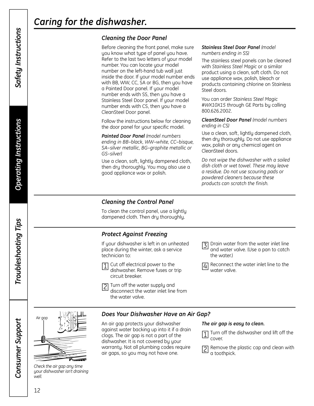 GE GLDL500 owner manual Caring for the dishwasher, Safety Instructions, Troubleshooting, Cleaning the Door Panel, Tips 