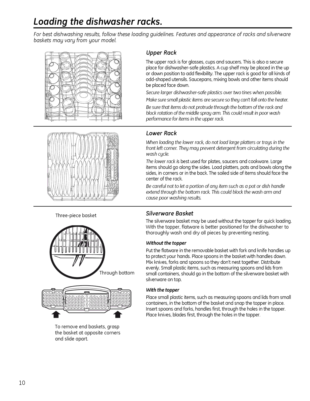 GE GLDT696, GLDT690 owner manual Loading the dishwasher racks, Upper Rack, Lower Rack, Silverware Basket 