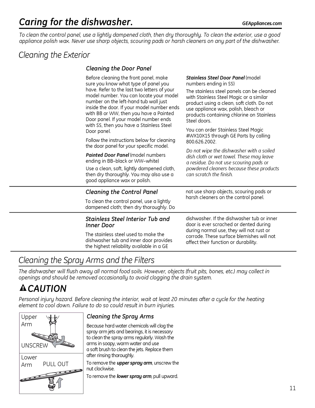 GE GLDT690 Caring for the dishwasher, Cleaning the Door Panel, Cleaning the Control Panel, Cleaning the Spray Arms 