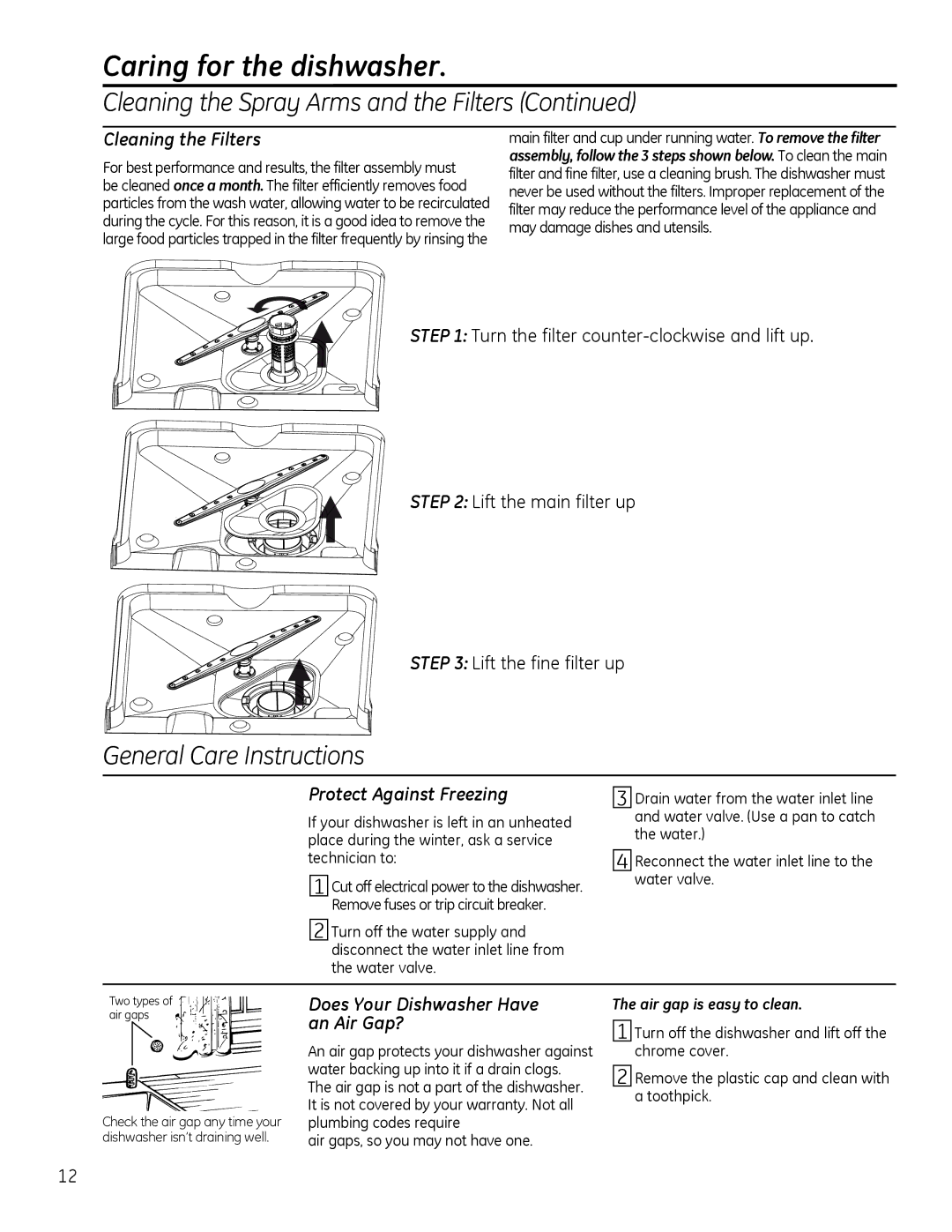 GE GLDT696 Cleaning the Filters, Protect Against Freezing, Does Your Dishwasher Have an Air Gap?, Air gap is easy to clean 