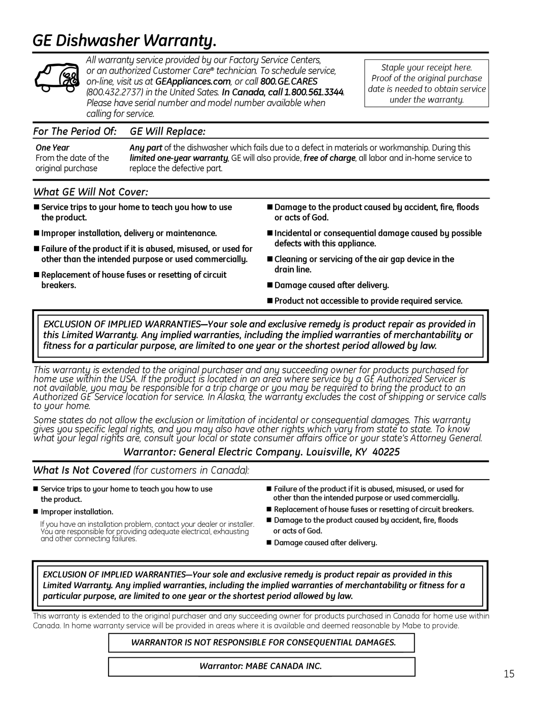 GE GLDT690, GLDT696 owner manual GE Dishwasher Warranty, For The Period GE Will Replace, What GE Will Not Cover 