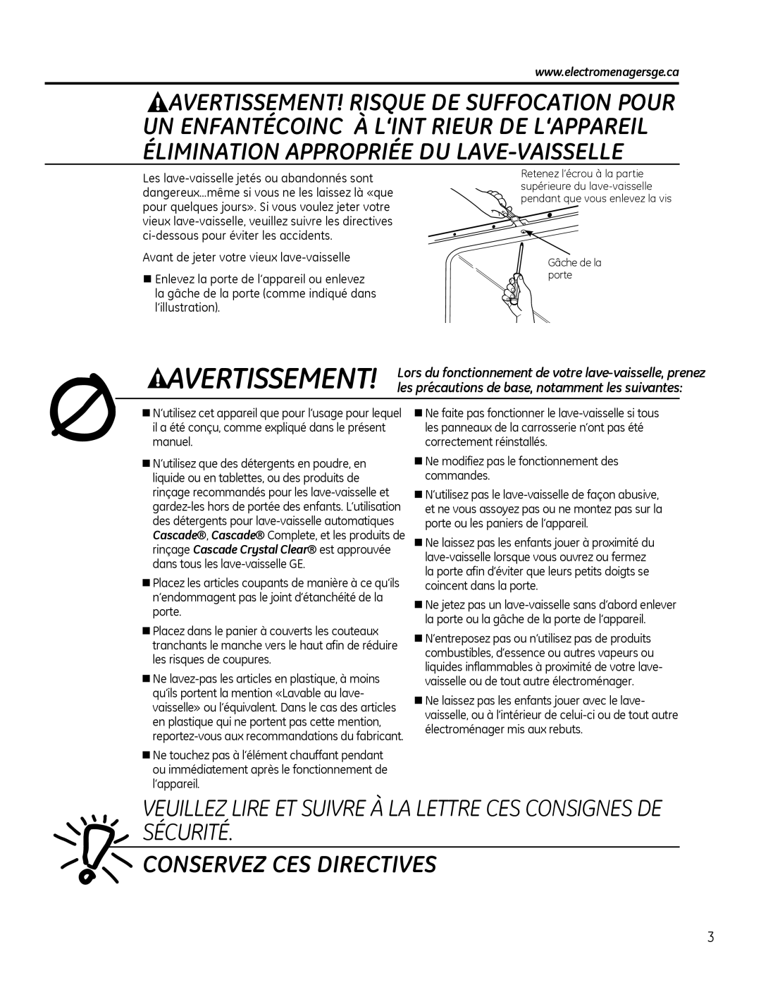 GE GLDT690, GLDT696 owner manual Conservez CES Directives 