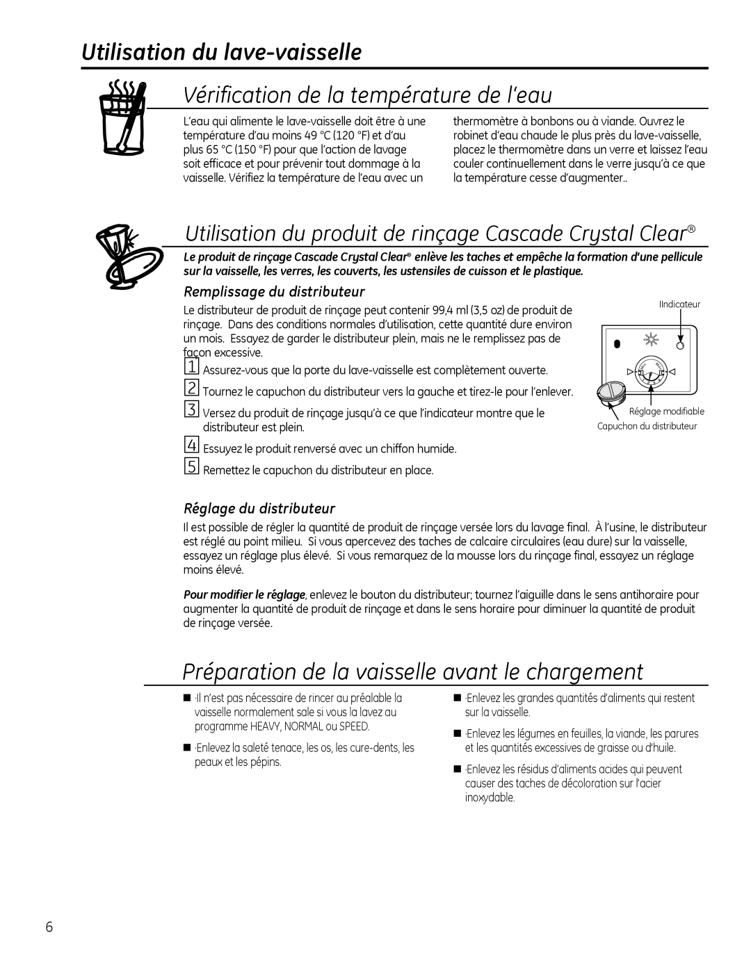 GE GLDT696, GLDT690 Utilisation du lave-vaisselle, Vérification de la température de l‘eau, Remplissage du distributeur 