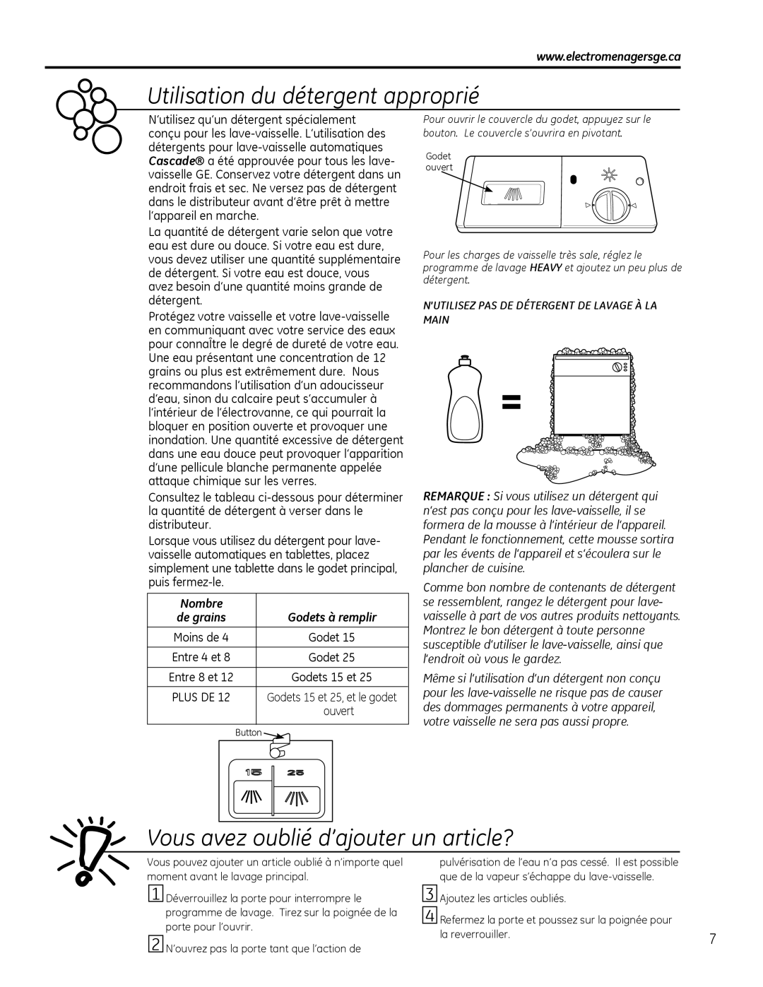 GE GLDT690 Utilisation du détergent approprié, Vous avez oublié d’ajouter un article?, Nombre, Godets à remplir, Ouvert 